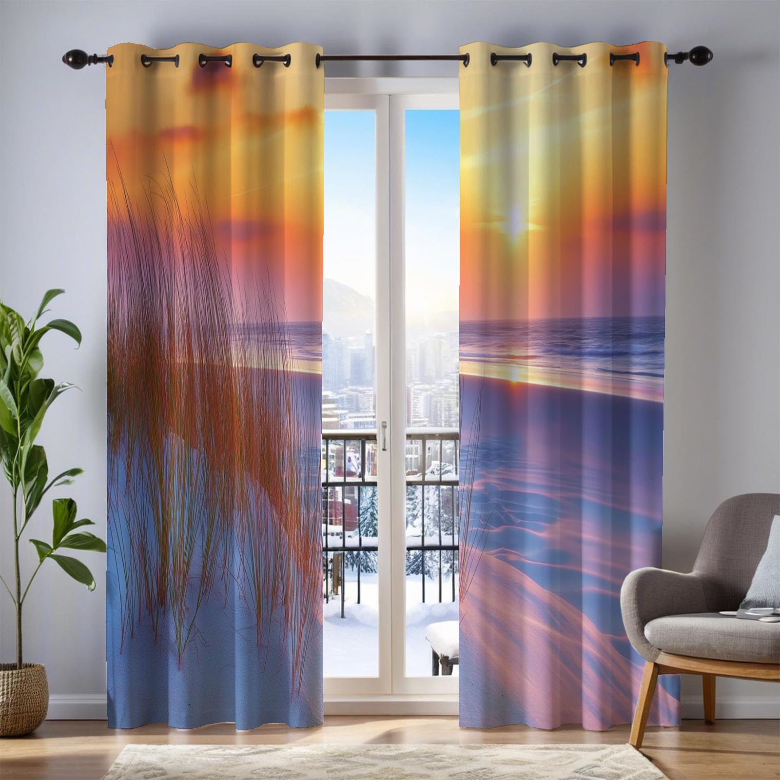 Rideau thermique isolant anti froid opaque occultant paysage marin 140x175 pour salon