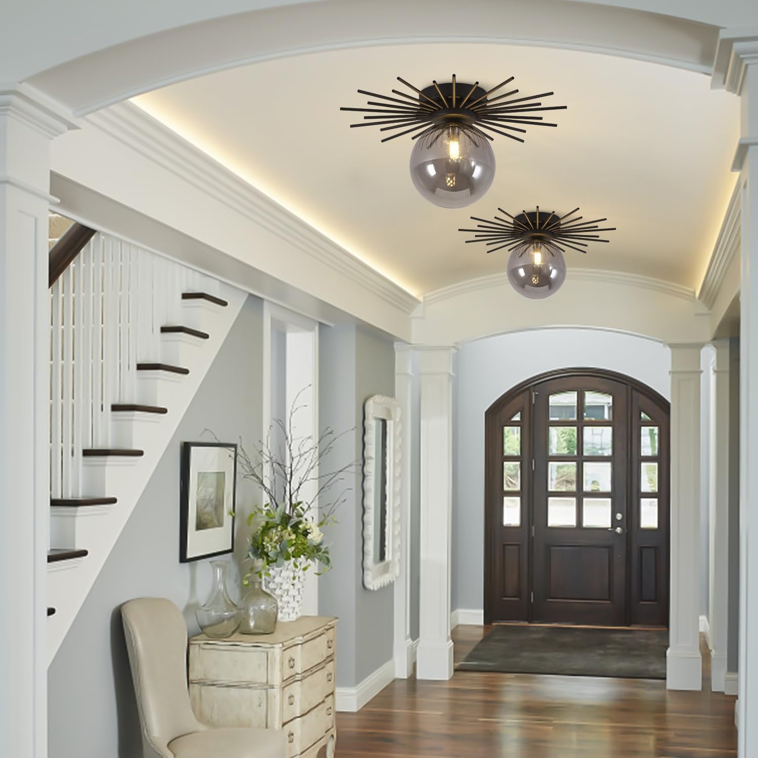 BOKT Globe Semi Flush Mount Ceiling Light Fixture Smoke Gray Glass Ceiling Light Vintage Hallway Light Fixture Black Close to Ceiling Light Fixtures for Entryway Kitchen Bedroom Porch BC1117-BS