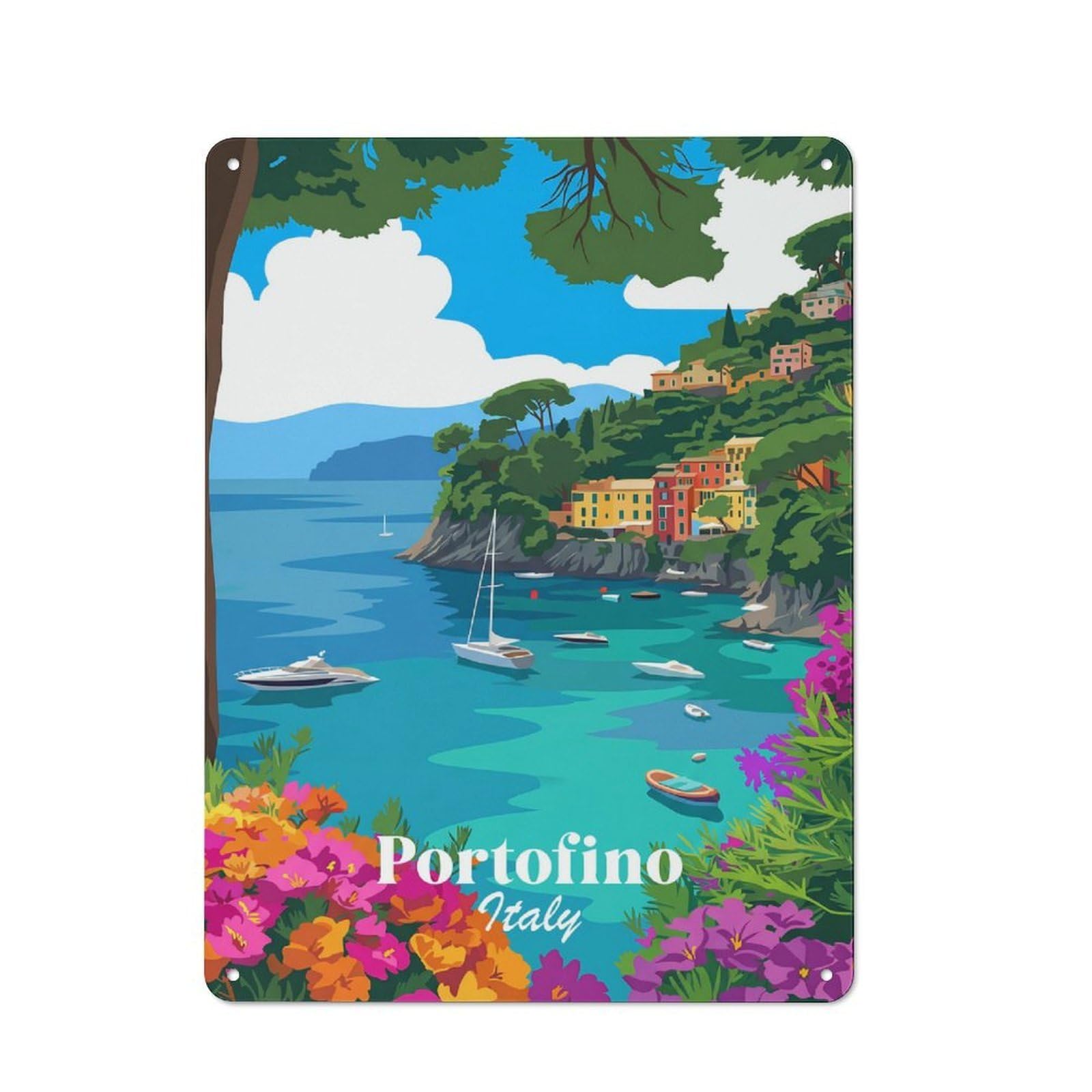 Junmoney Style-22 40X30cm Vintage Metal Sign With Portofino Italy Coastal Scene For Studio Or Craft Room, For Vintage Wall Decor Fans, For Metal Sign Collectors