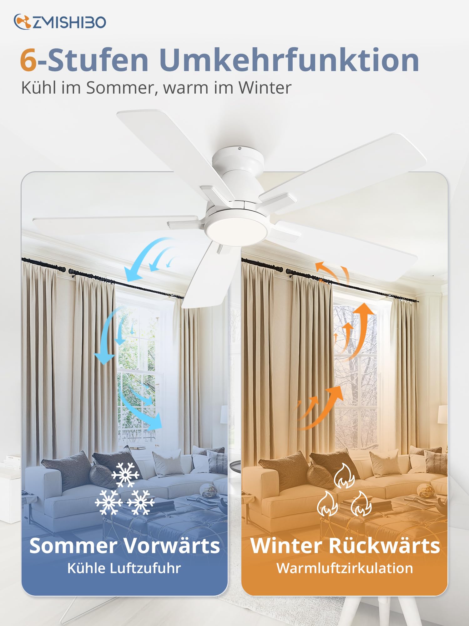 ZMISHIBO Deckenventilator mit Beleuchtung Ø117 cm,Leiser & Reversibler DC-Motor,Einstellbares LED 3000K-6000K,10-100% dimmbar,Ventilatorlampe mit Fernbedienung/App,6 Geschwindigkeiten für Schlafzimmer