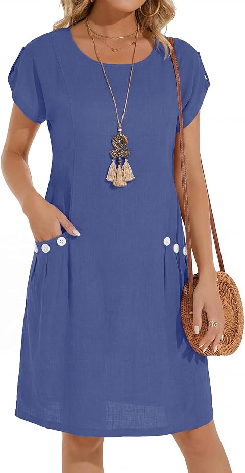 Sommerkleid Damen Leinen Rundhals Knielang Freizeitkleid A-Line Kurzarm Classics Midi Strand Kleider
