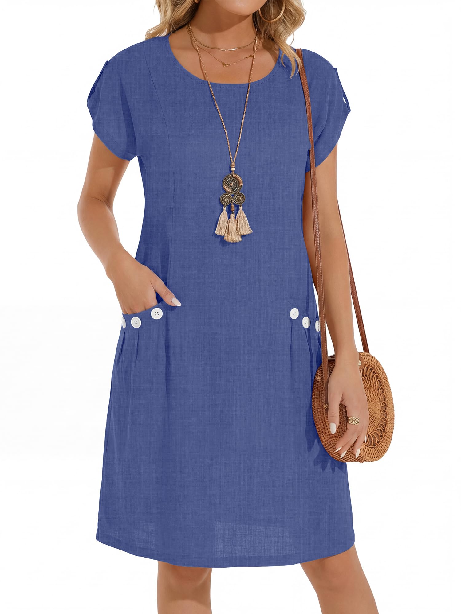 YYIDATON Sommerkleid Damen Leinen Rundhals Knielang Freizeitkleid A-Line Kurzarm Classics Midi Strand Kleider