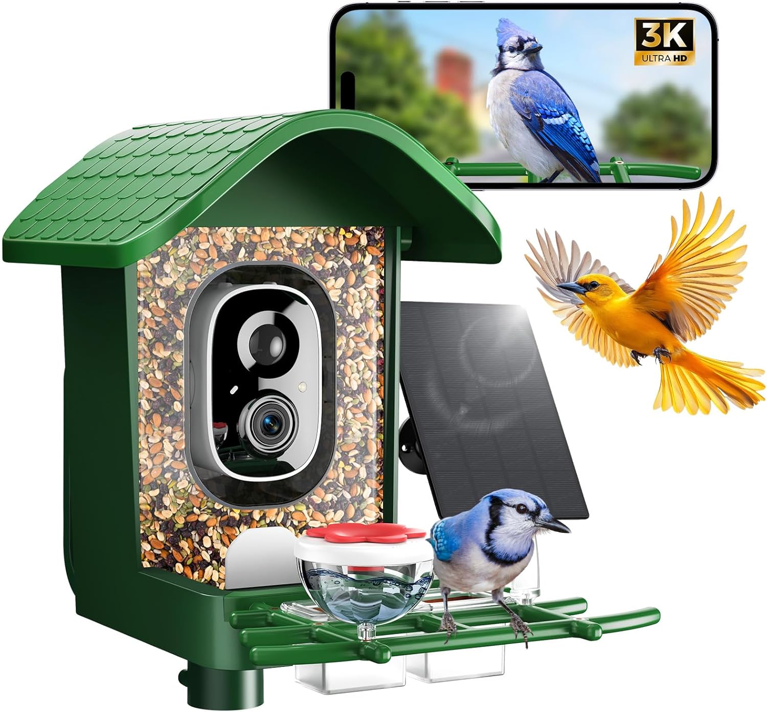 3K HD Smart Bird Feeder with Camera, 2.4GHz WiFi Solar Powered Smart Feeder, AI Bird Species Identification & Real-Time App Alerts, Chew-Proof & Waterproof for Outdoors（Green）