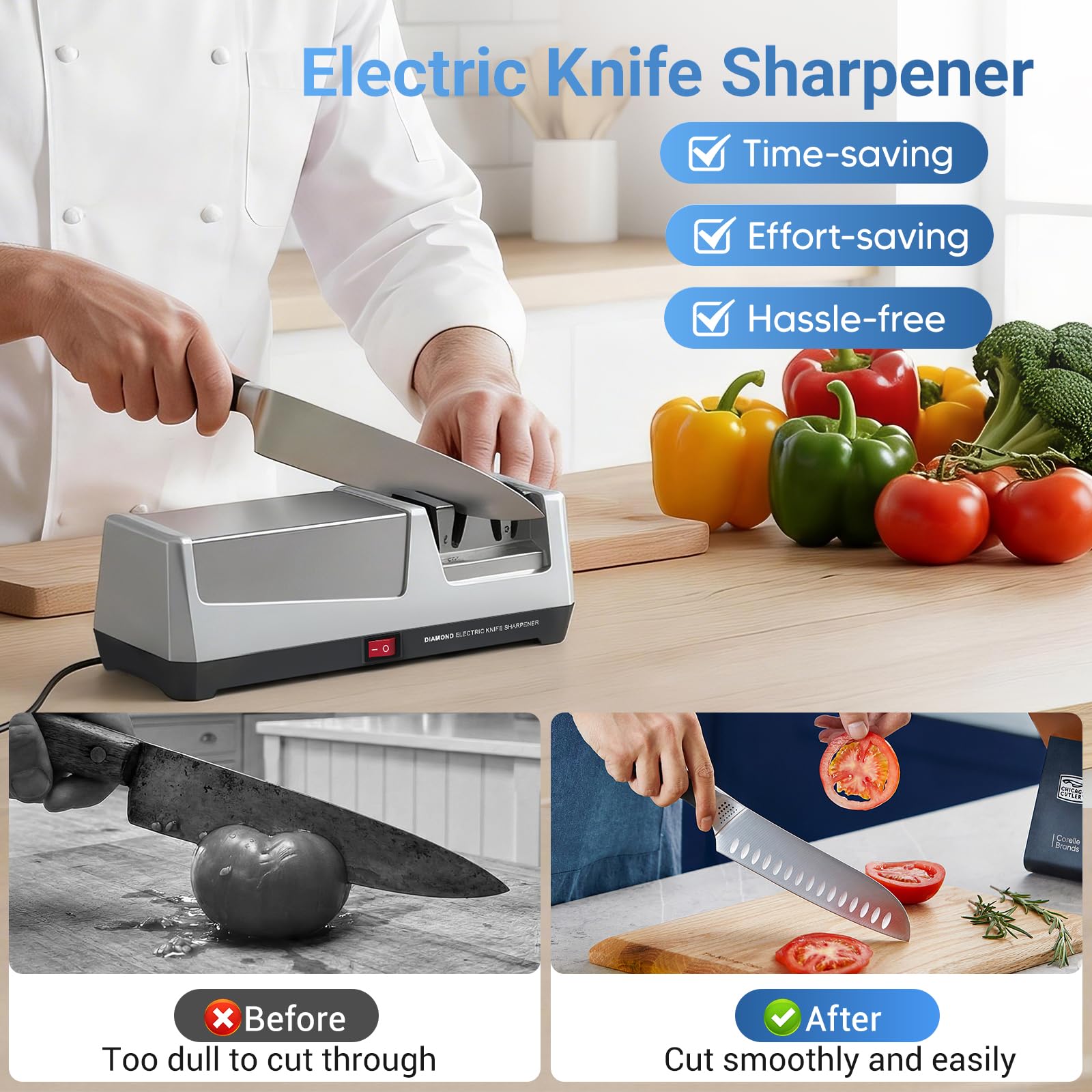 Afilador de Cuchillos Eléctrico Profesional con 2 Niveles, Discos de Diamante, Protección contra Sobrecalentamiento, Motor Silencioso, Afilado Rápido de Cuchillos de Cocina
