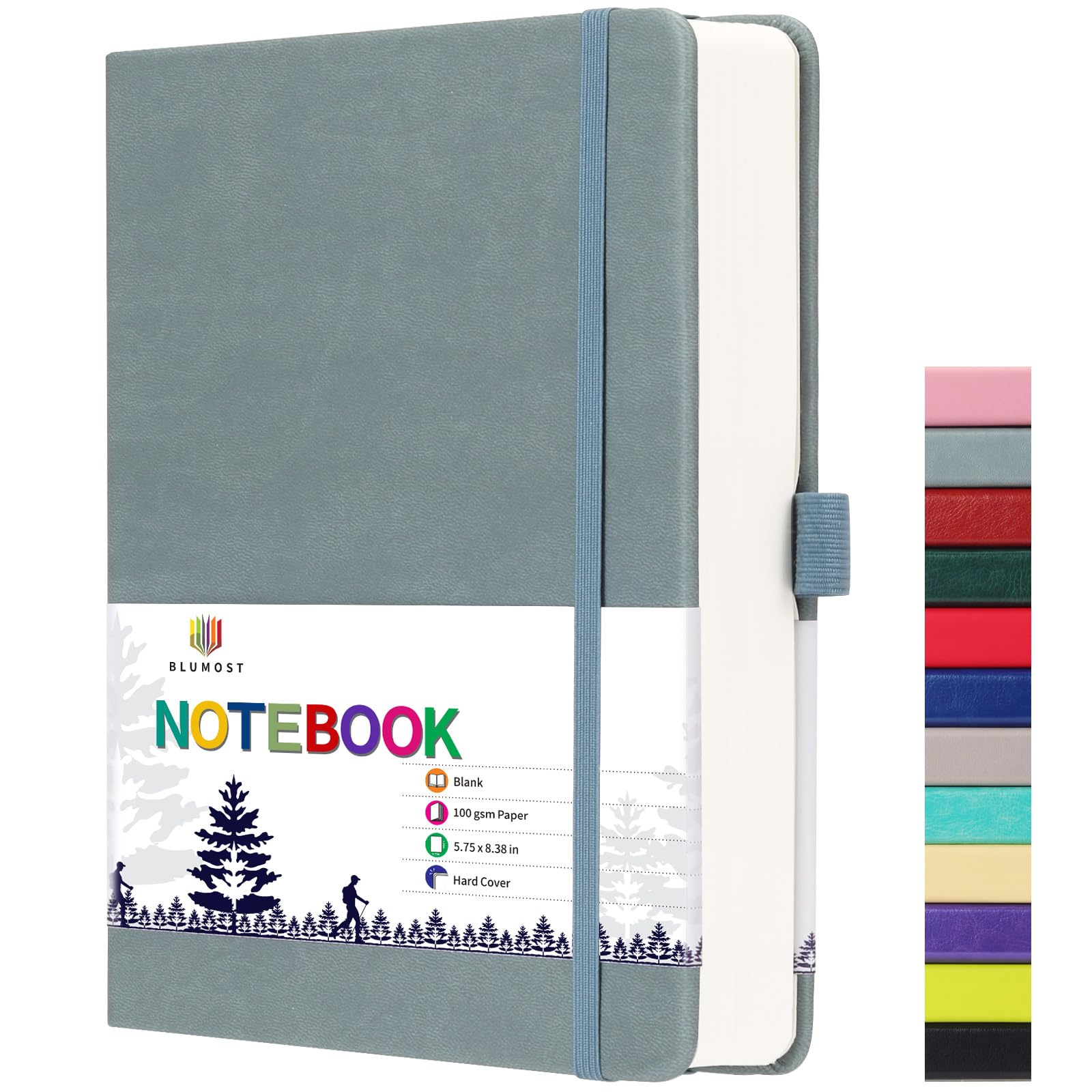 BLUMOST Blank Paper Notebook - 280 Pages A5 Blank Journal Notebook with 100gsm Thick Blank Paper, Hardcover, PU Leather, 5.75'' × 8.38''-Gray Blue