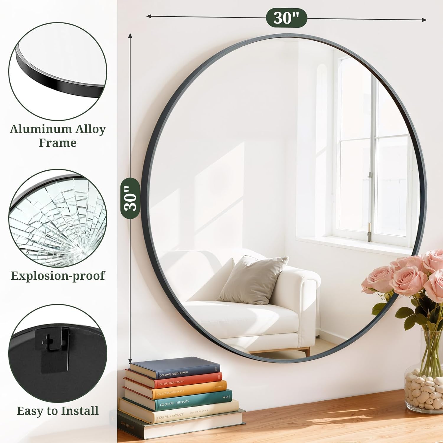 Round Wall Mirror 30 Inch Black Vanity Mirror with Metal Frame, Modern Circle for Bathroom, Entryway, Bedroom, Living Room, Wall Mounted Decorative Mirrors