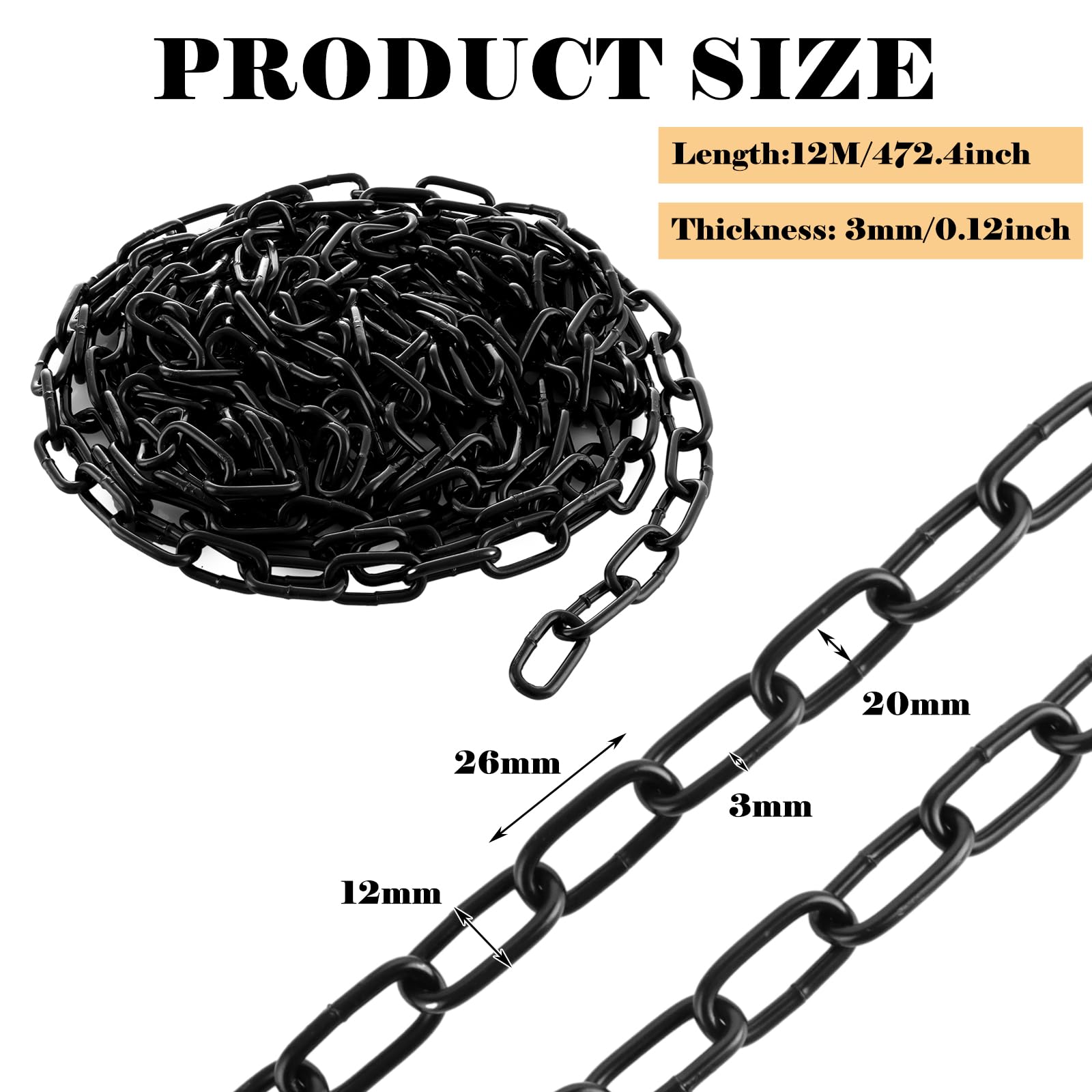 Cadena Negra de Acero al Carbono 12 m x 3 mm, Cadena de Eslabones Resistente para Columpio Vallas y Decoración, Cadenas Negras para Colgar, Jardín, Garaje y Proyectos DIY