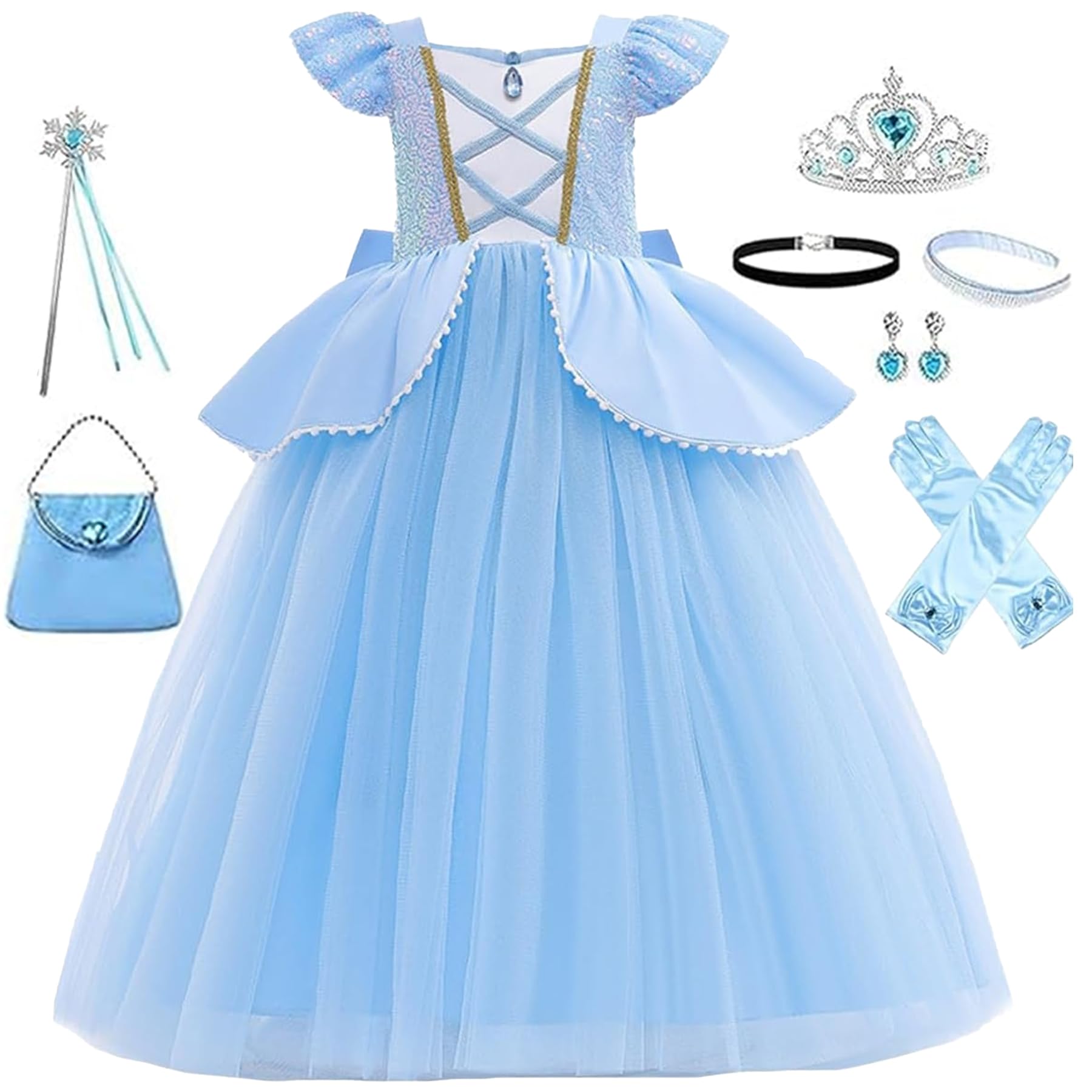 WYB Girls Princess Costume Dresses Blue Princess Dress Up Clothes with Accessories for Halloween Cosplay Carnival Party