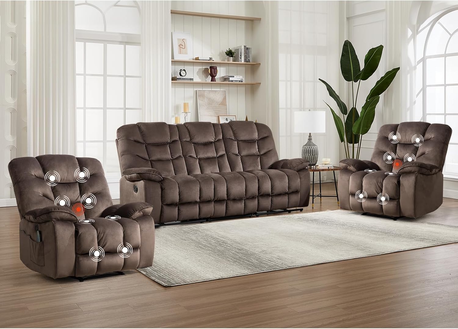 3 Pieces Recliner Sofa Furniture Set, Include 2 Power Recliner Chairs with Message&Heat and a 3-Seater Reclining Couch for Living Room, Brown