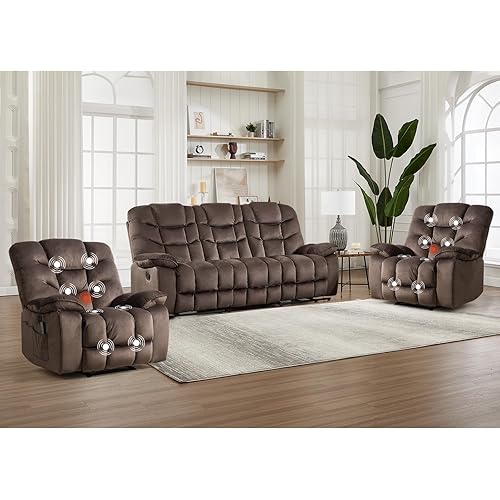 HAOMARKETS 3 Pieces Recliner Sofa Furniture Set, Include 2 Power Recliner Chairs with Message&Heat and a 3-Seater Reclining Couch for Living Room, Brown