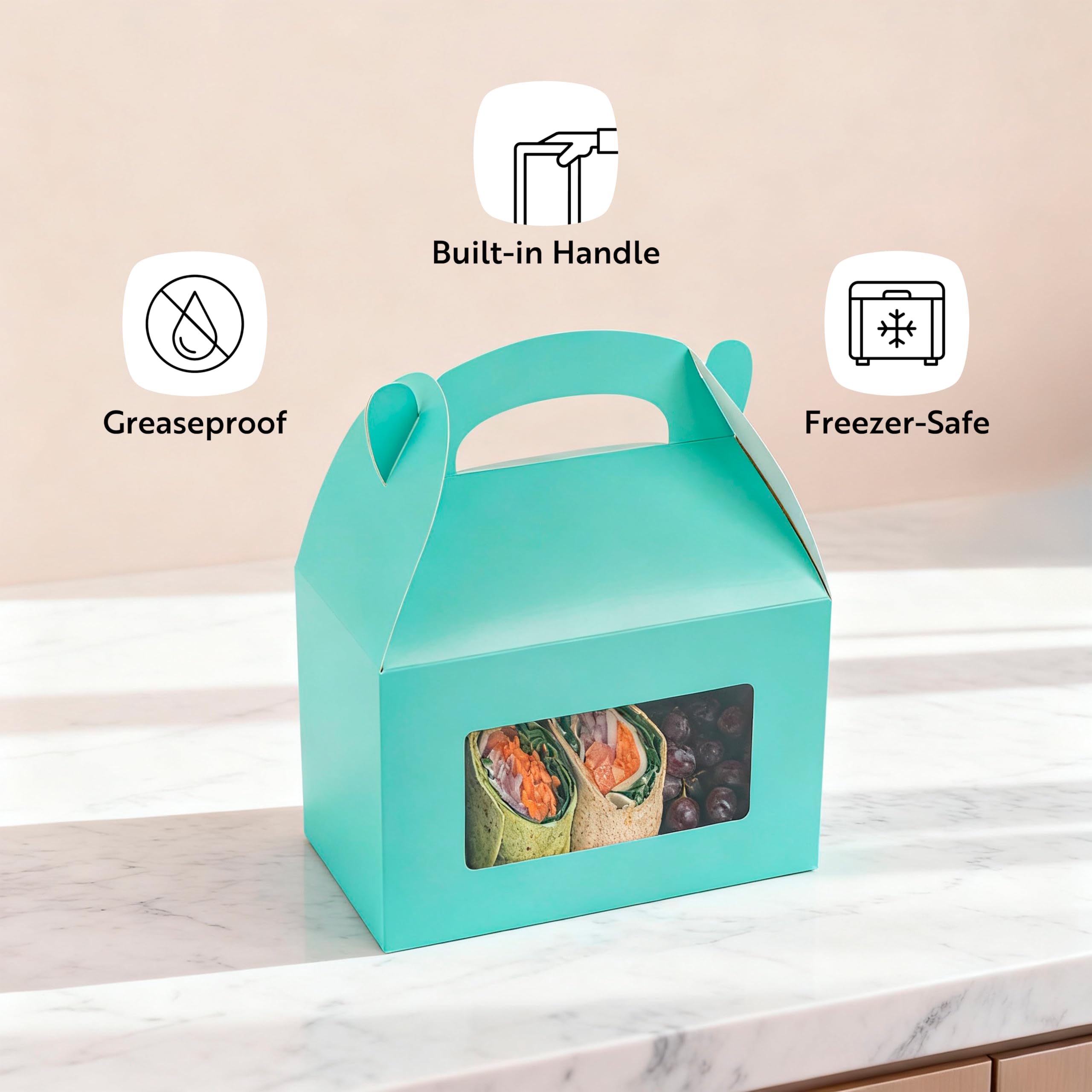 Restaurantware Bio Tek - Cajas a dos aguas de 8.5 x 4.8 x 5.5 pulgadas para recuerdos de fiesta, 100 atractivas cajas de regalo, ventana de PET transparente, con asa integrada, cajas de granero de
