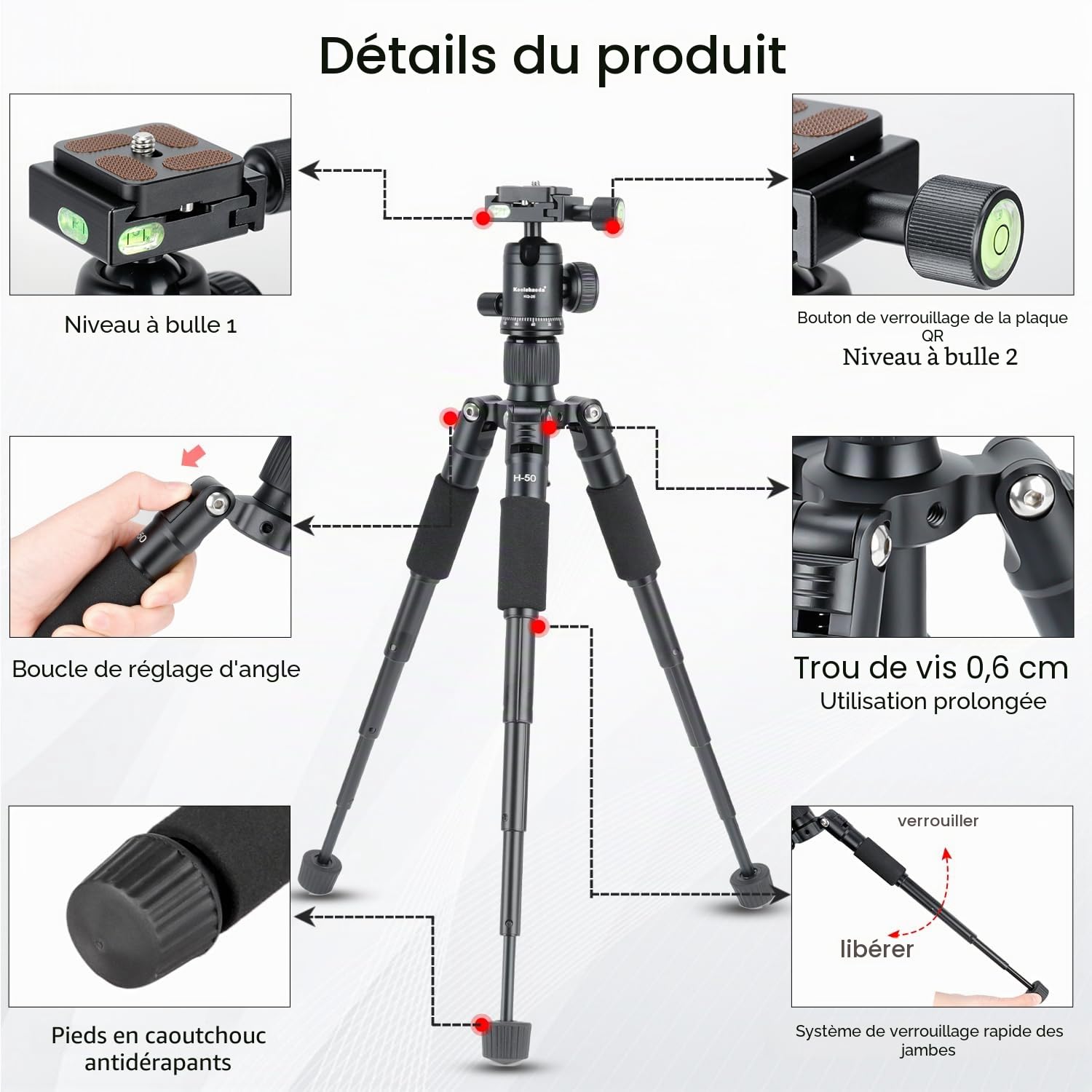 Koolehaoda Mini trépied Portable en Alliage d'aluminium Hauteur 51 cm avec rotule 360 ​​degrés et Sac pour Appareil Photo Reflex numérique, caméscope vidéo. Charge jusqu'à 5 kg - (H-50)