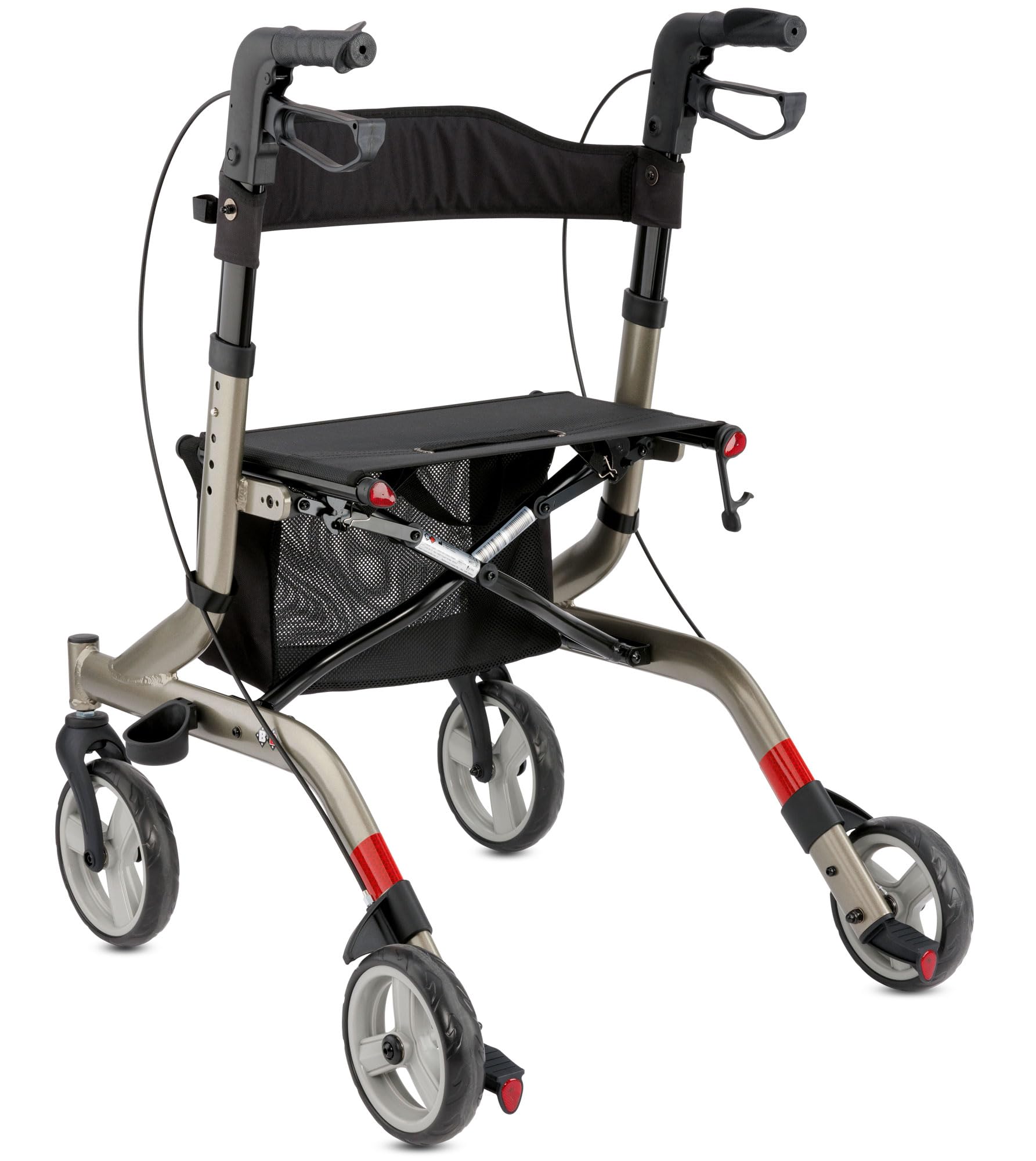 Bischoff & Bischoff Capero Rollator, faltbar – Leichtgewicht-Rollator für drinnen und draußen, Gehwagen mit Rücken-Gurt, Stockhalter und abnehmbarer Netz-Tasche, Platin