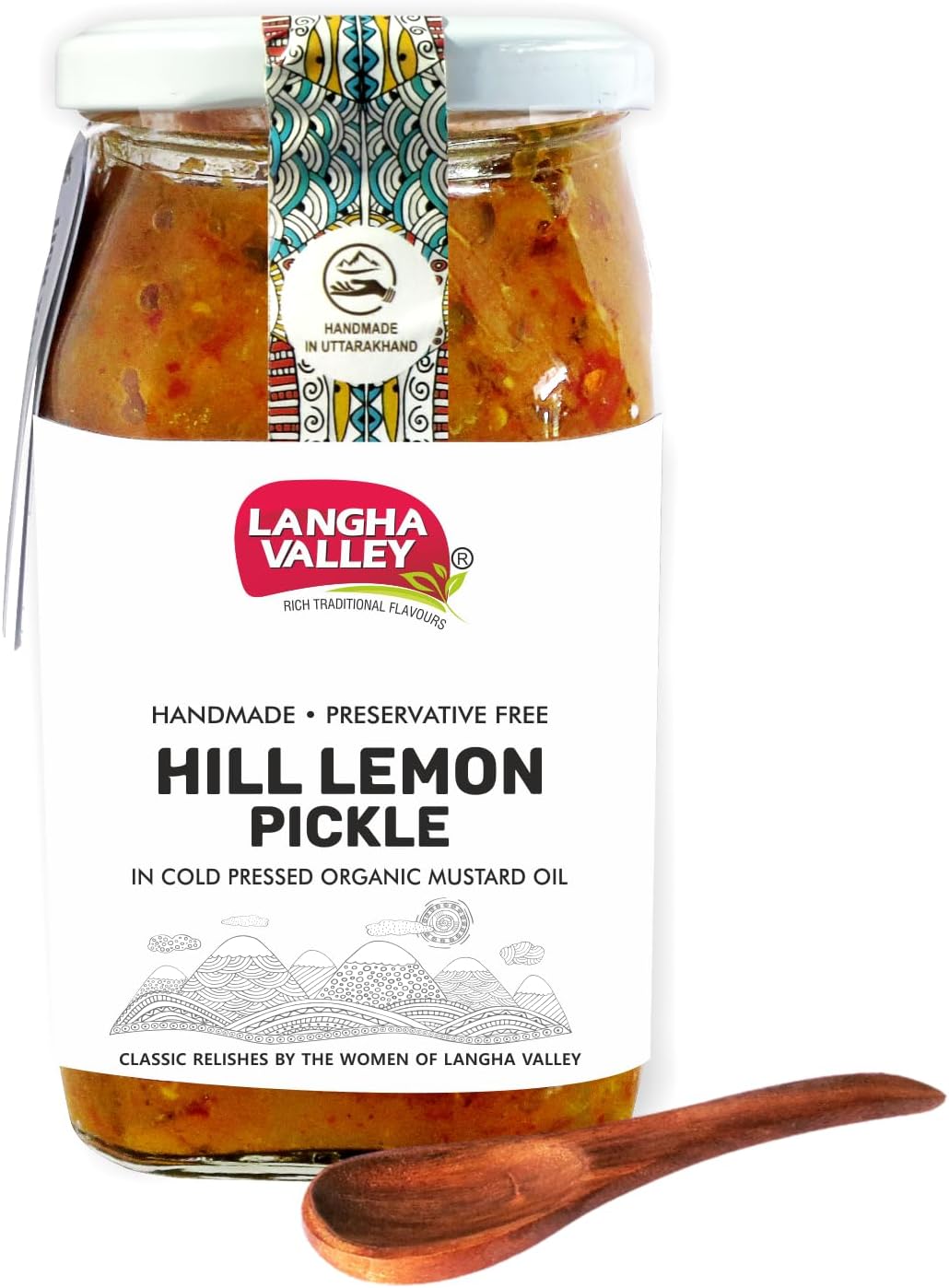 LANGHA VALLEY Homemade Traditional Hill Lemon Pickle, Pahadi Nimbu ka Achar, Made with Cold-Pressed Organic Mustard Oil, Sun Dried and Sun Matured, Glass Jar with Spoon, 380 Grams