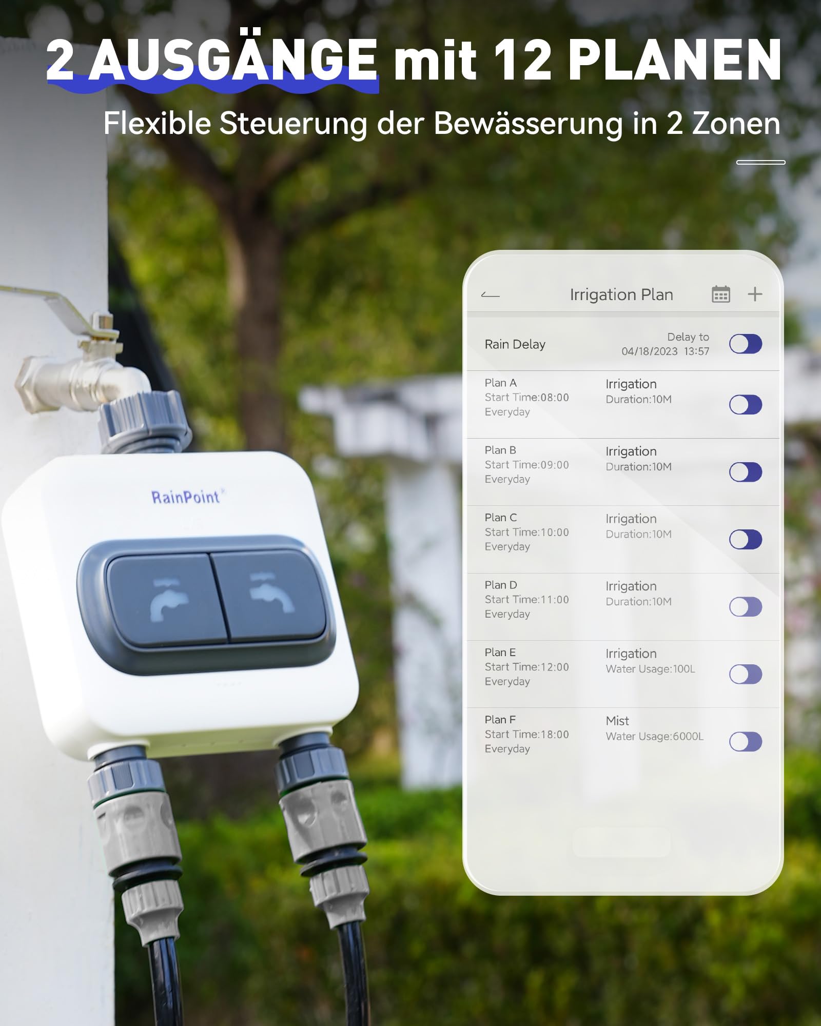 RAINPOINT Komputer nawadniający WLAN, 2 wyjścia 2,4 GHz z koncentratorem Wi-Fi, inteligentny zegar nawadniający z aplikacją/sterowaniem głosem, do automatycznego nawadniania ogrodów i trawników