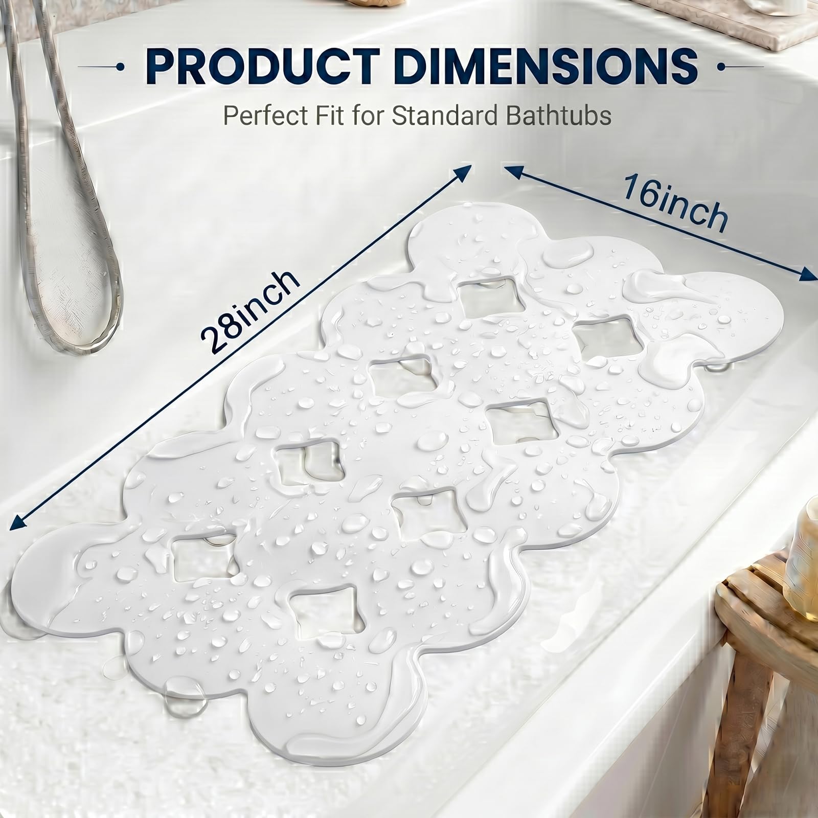 Webos Tapete Antideslizante para bañera con ventosas Fuertes, Agarre y Drenaje Superiores, tapete de baño de Goma Natural Suave y Resistente para el Interior de la bañera (Blanco, 28 x 16 Pulgadas)