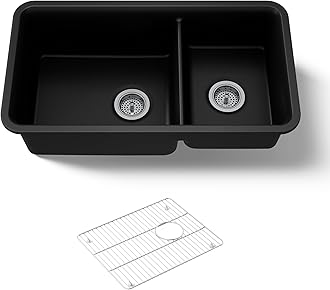 Kohler K-8204-CM1 Cairn Undermount Double Bowl Kitchen Sink with Basin Rack, Large/Medium, Matte Black