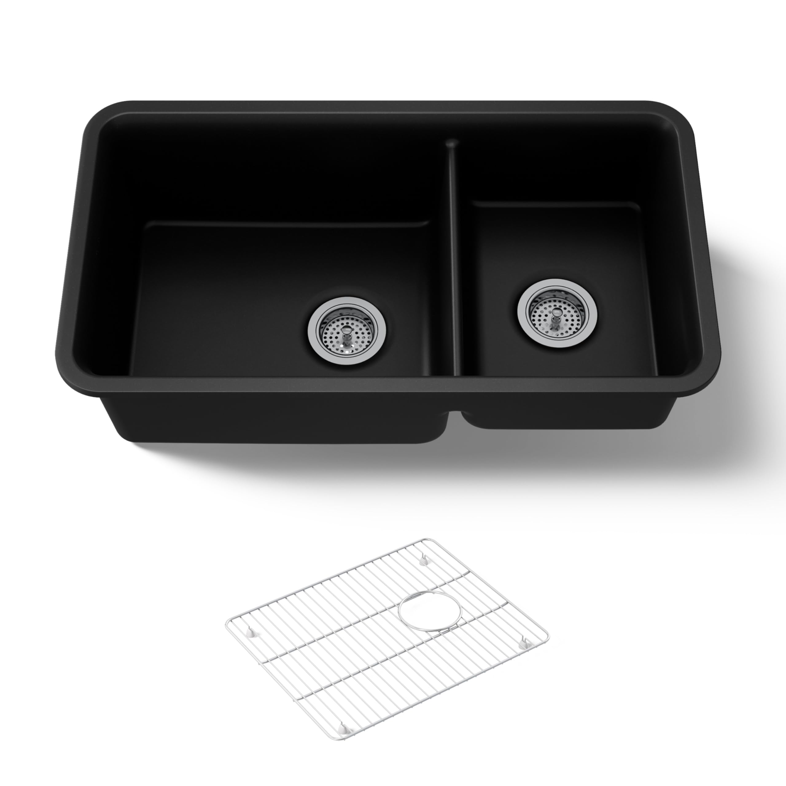 Kohler K-8204-CM1 Cairn Undermount Double Bowl Kitchen Sink with Basin Rack, Large/Medium, Matte Black
