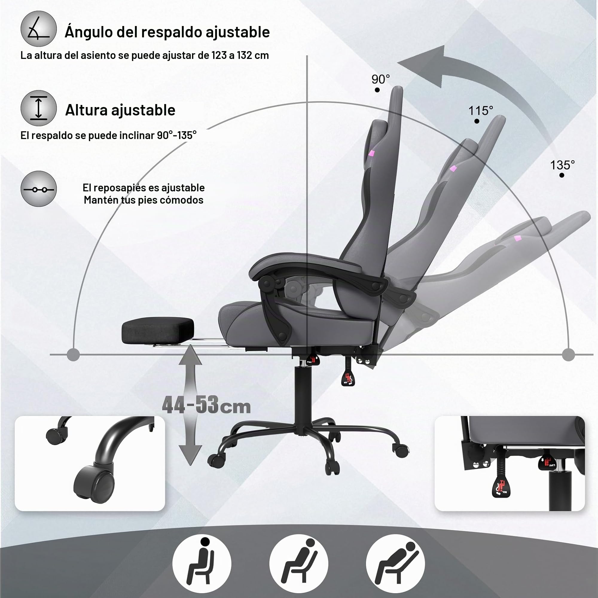 UISEBRT Silla de Gaming Ergonómica con Masaje y Reposapiés, Cómodo Asiento de Gaming Silla de Gaming con Respaldo Ajustable, Reposacabezas y Cojín Lumbar de Masaje - Gris & Negro & Violeta