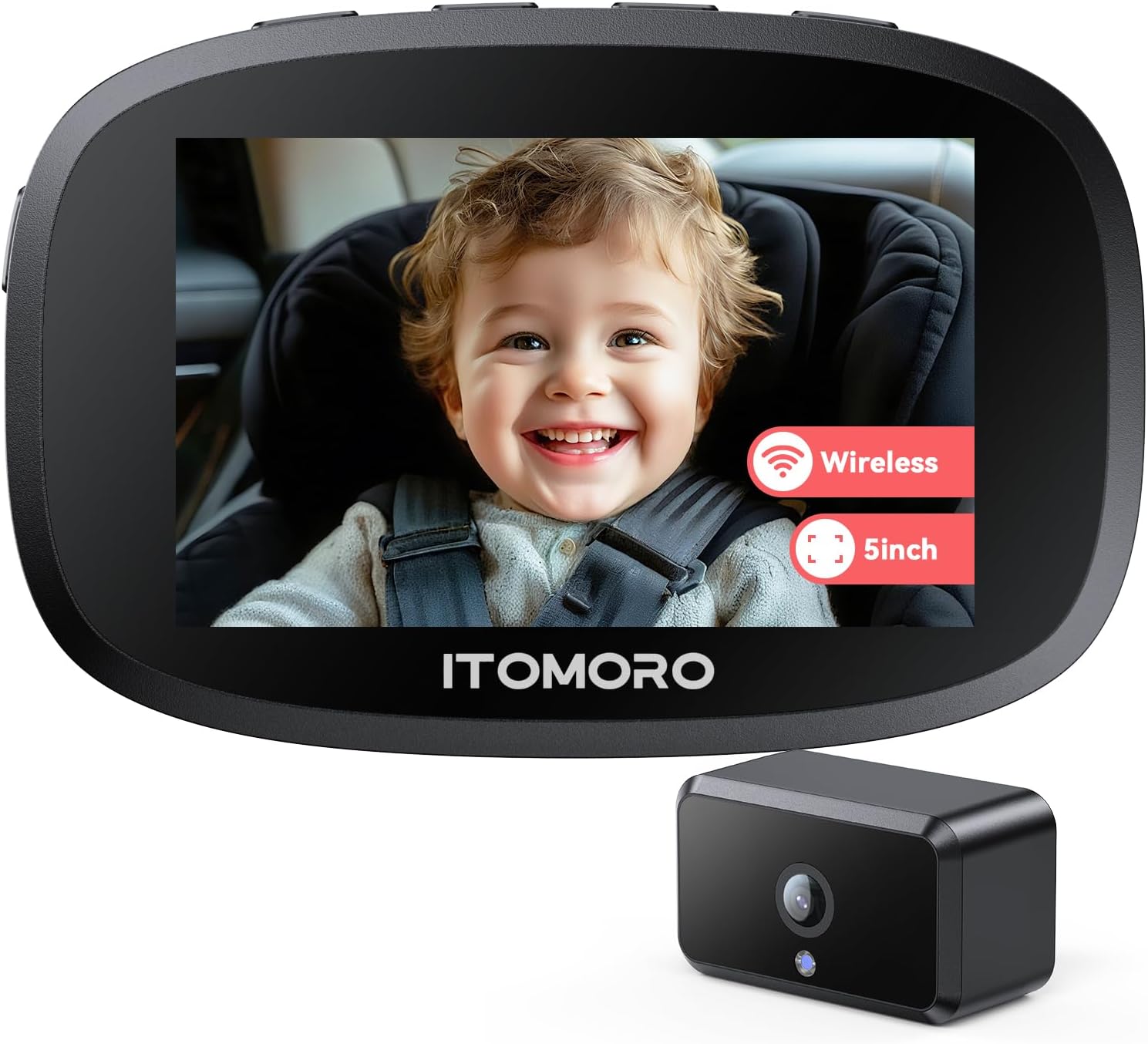 Itomoro Wireless Baby Car Camera, Rechargeable Car Baby Monitor with 5" HD 1080P Night Vision Display, Backseat Camera for Kids Max Range 1000FT, Easy Installation 360 Rotatable Rear Facing Mirrors