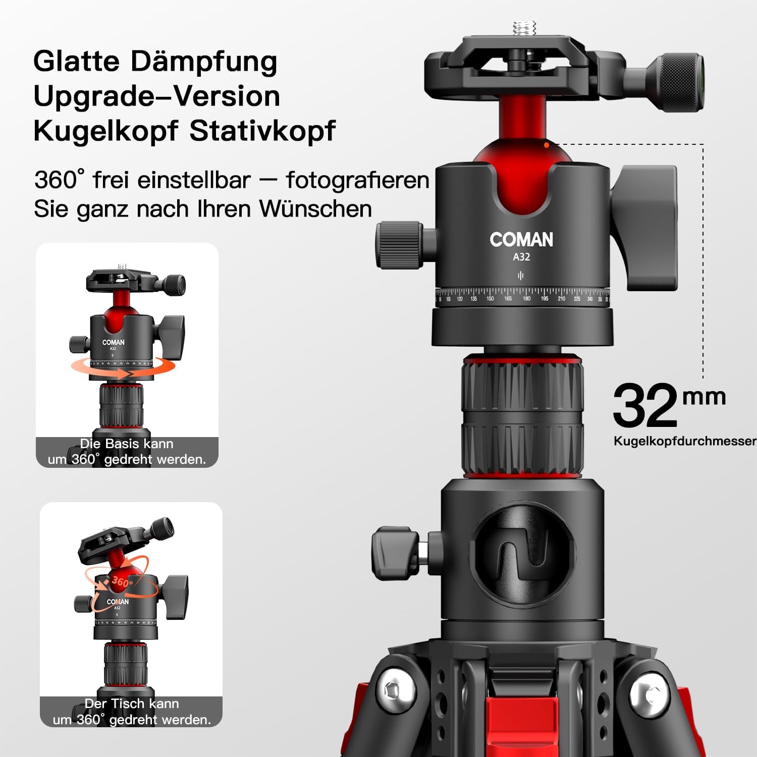 COMAN Treppiede Orizzontale Per Fotocamera con Colonna Centrale Etesta a Sfera a 360 Gradi, Monopiede Regolabile in Altezza di 181cm, con Piastra a Sgancio Rapido Arca, Capacità di Carico Massima 5kg
