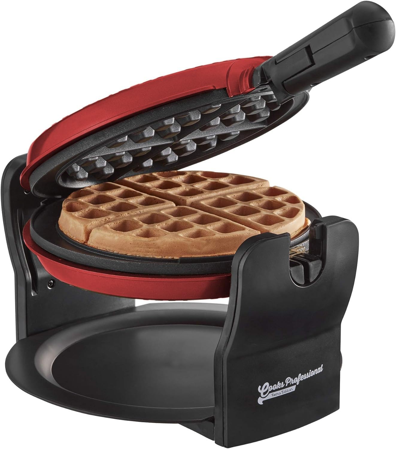 – Cooks Professional Belgian Waffle Maker 920W | Powerful Electric Rotary Luxury Waffle Machine with Non-Stick Cooking Plates, Locking Mechanism, Folding Handle & Drip Tray | Easy Clean | Red