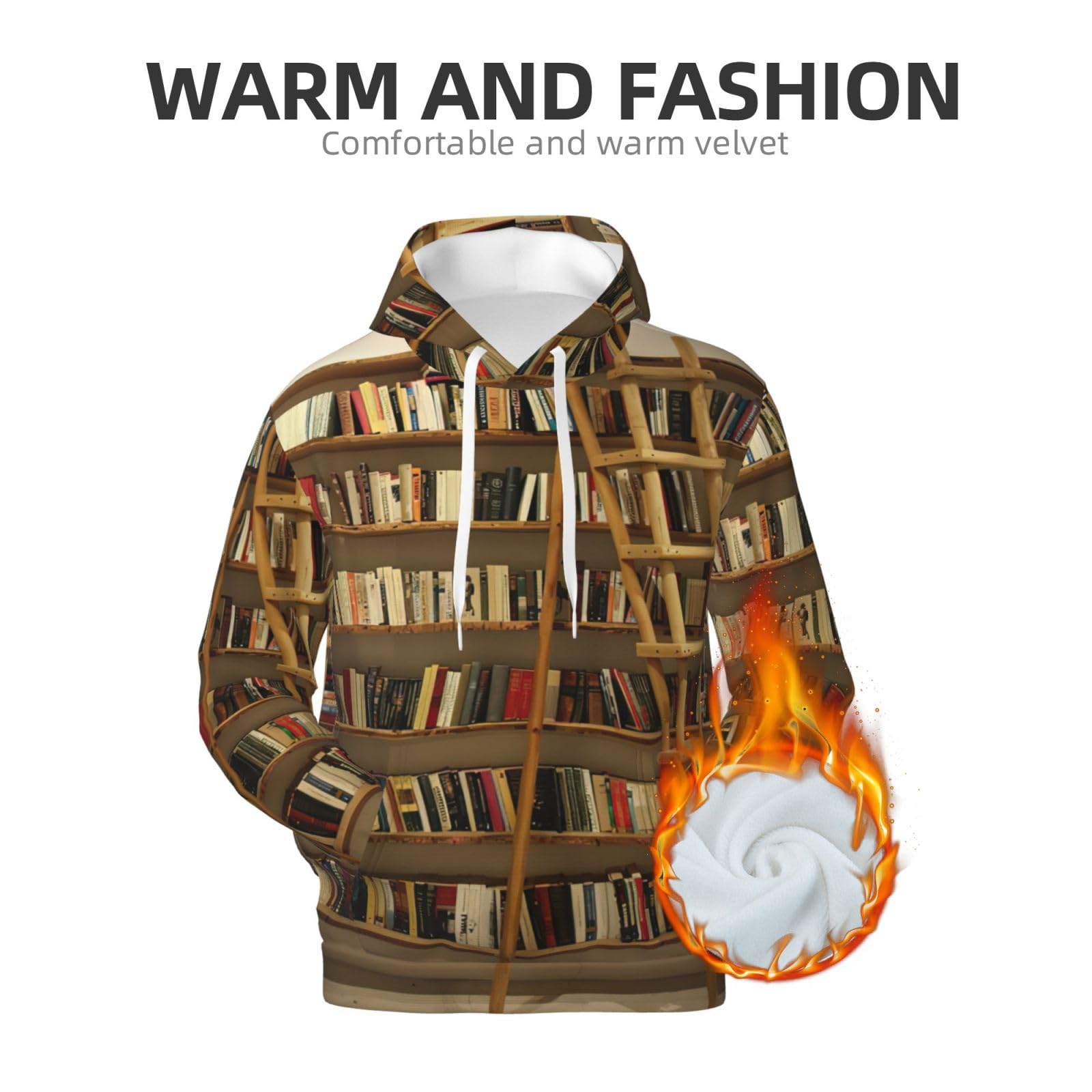 Męska zabawna kolekcja półek na książki i nadruk drabiny bluza z kapturem, swobodny nadruk graficzny sweter z kapturem koszule z kieszenią biały, biały, XL