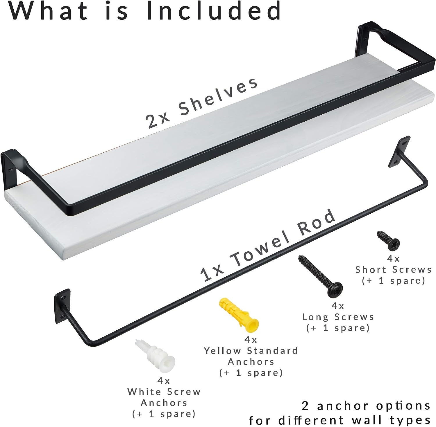Peter's Goods Floating Shelves with Rail, Large, Rustic White – Set of 2 Shelves with Towel Bar – Wood Bathroom Floating Shelves & Kitchen Shelves - Decorative Shelf for Office, Bedroom, Living Room