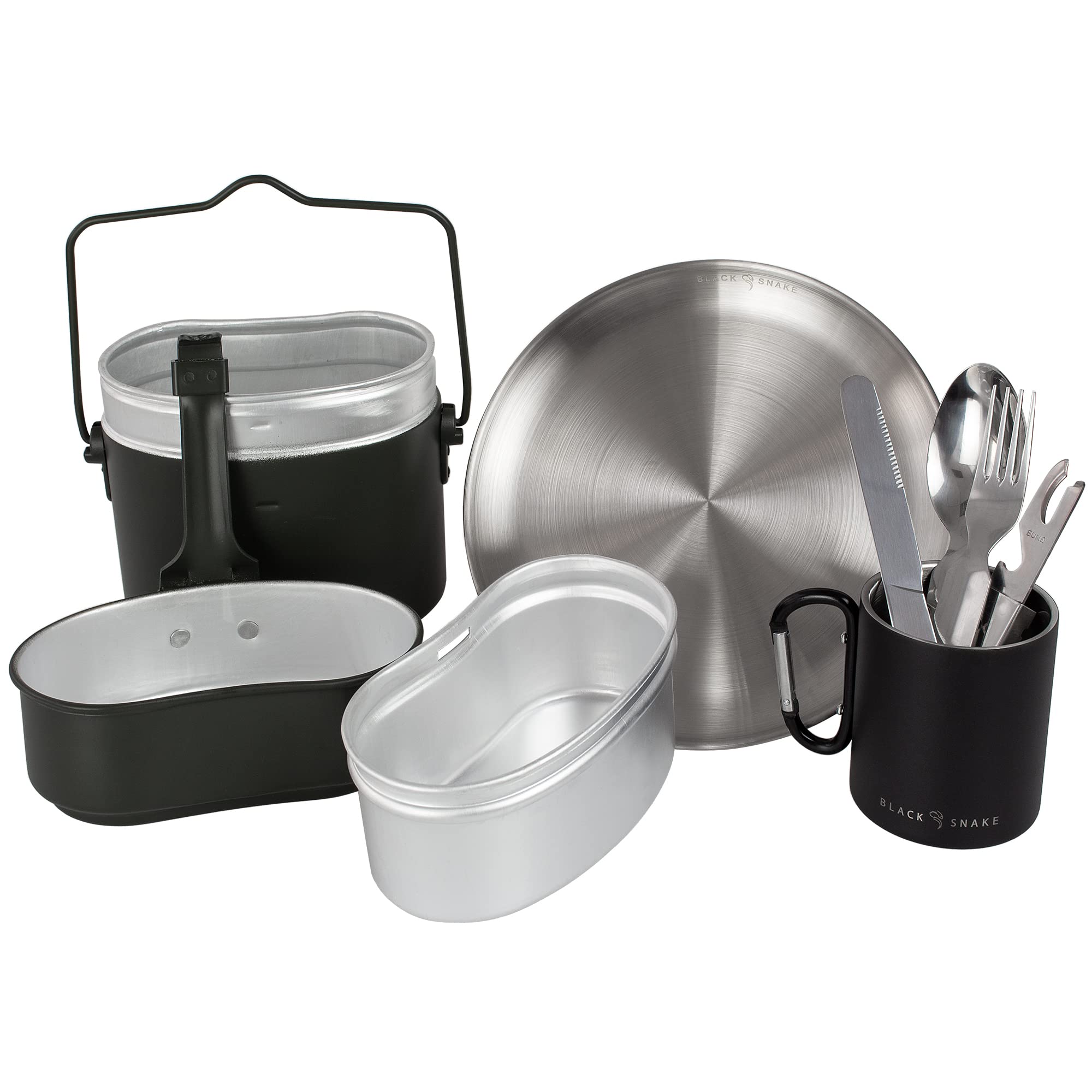 Black Snake® Kochgeschirr mit flachem Edelstahl Camping Teller und Besteck Plus Karabiner Haken Tasse