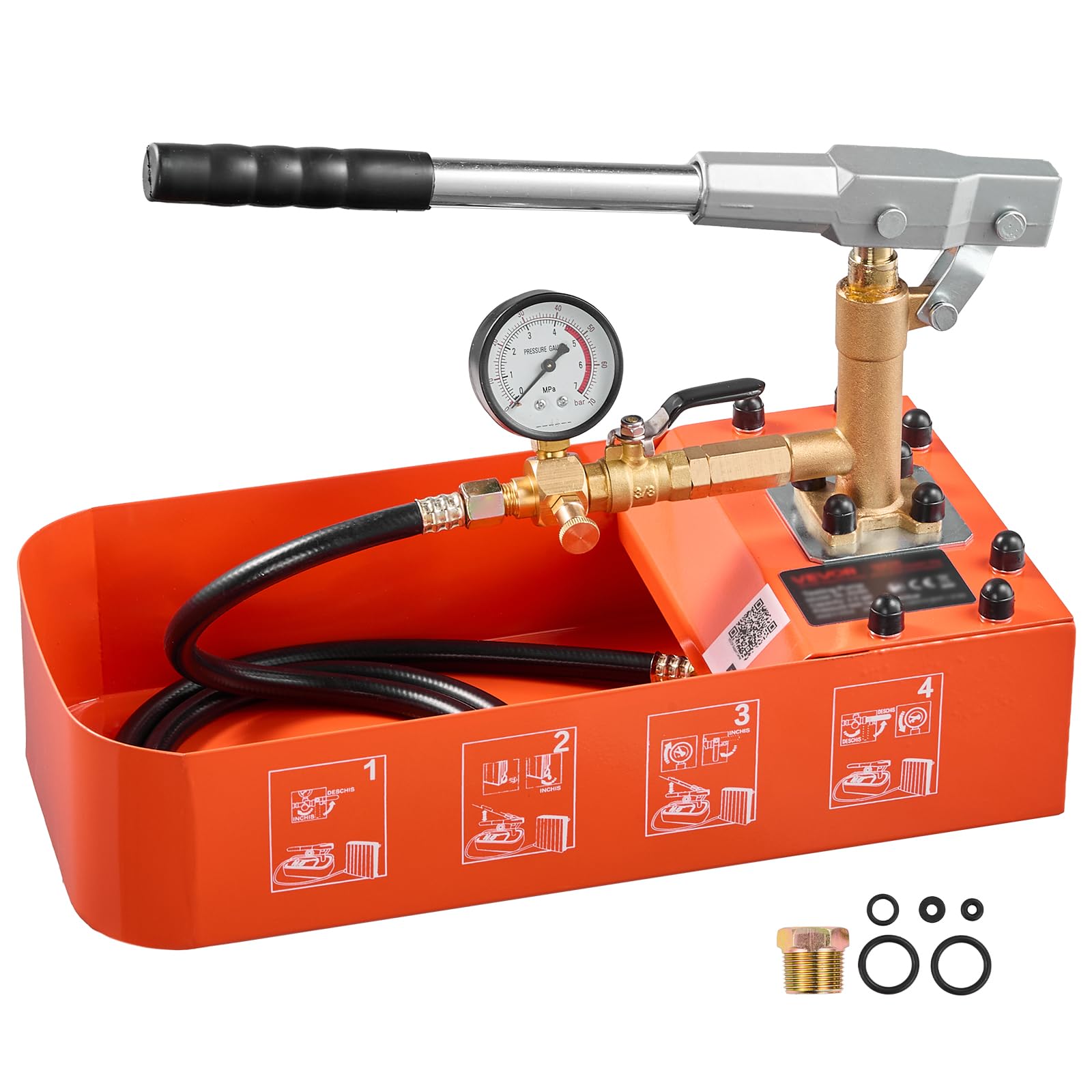 VEVOR Bomba de Prueba de Presión Hidráulica 7,57 L, Manual, Válvula Simple | Rango de prueba de 0-50 bar, Con Manómetro y Tanque, Material Resistente, Para Sistemas de Tuberías de Agua, Calefacción