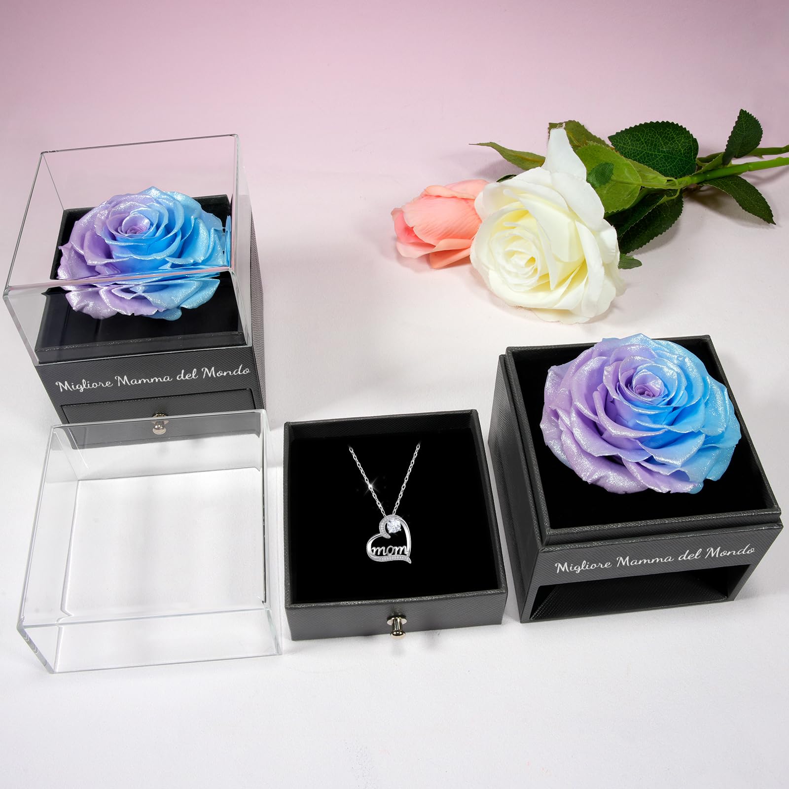Miofula Festa della Mamma Idee Regalo,Rosa Stabilizzata Vera Regalo Mamma Compleanno,Rosa Eterna con Collana Argento 925 Donna, Migliore Mamma del Mondo, Regali Festa della Mamma, Regalo Collana Donna