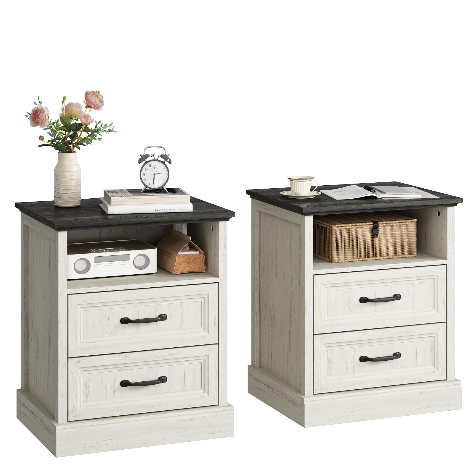CARPETNAL 20" Farmhouse Nightstand Set of 2, End Table with 2 Large Drawers & Open Storage, Side Table, Bedside Table for Bedroom, Living Room, White
