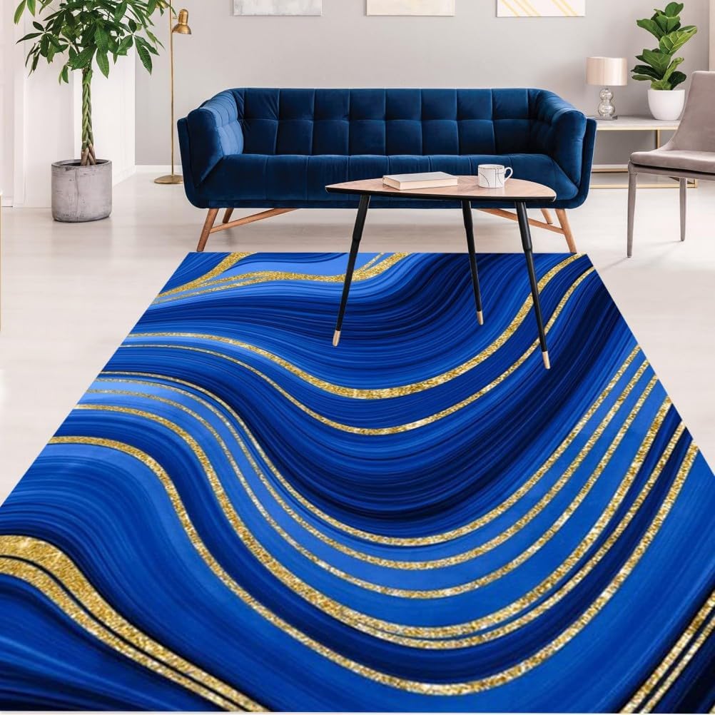 Marble Stripe Gradient Modern Abstract Washable Royal Blue Gold Area Rug 5x7 Non Shedding Wool Soft Unique Aesthetic Rug for Bedroom Diningroom Lux Art Deco Office Dorm Indoor Floor Carpet