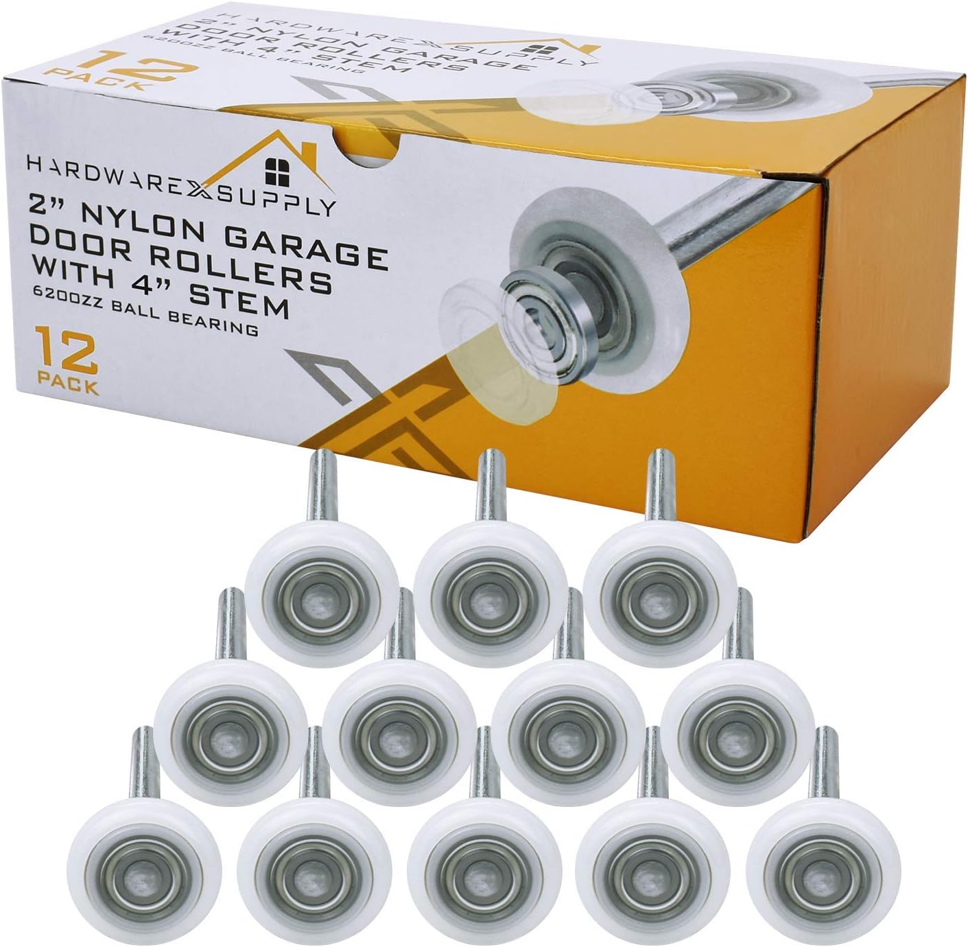 2" Nylon Sealed Garage Door Rollers, 6200ZZ High Performance Ball Bearing (12 Pack, 4" Stem)