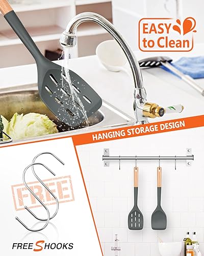 Miniatura 5 de Paquete de 2 espátulas de silicona, juego de utensilios de cocina antiadherentes, mango de madera, girador de cocina para hornear, mezclar, asar a