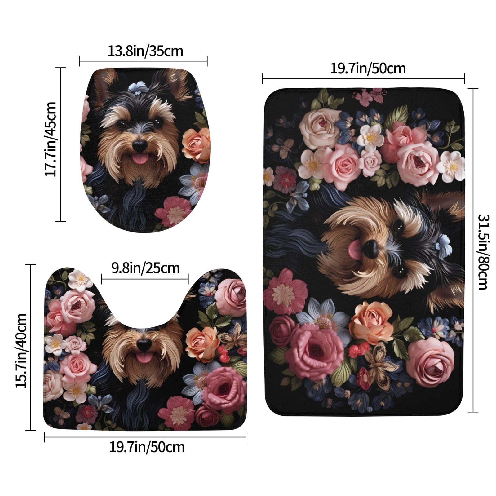 Set di 3 tappetini da bagno con motivo floreale Yorkie Dog Floreale in flanella morbida antiscivolo set con coperchio per la decorazione della casa