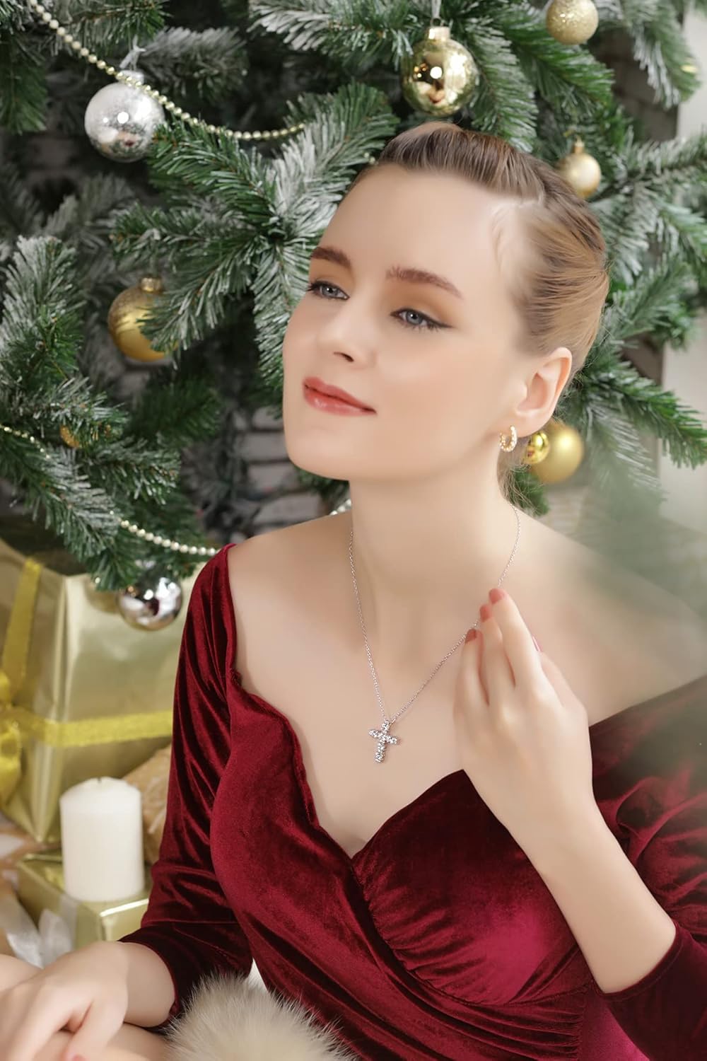 B. BRILLIANT Sterling Silver Round AAA Cubic Zirconia Big Large CZ Cross Necklace for Women with Gift Box - Image 5