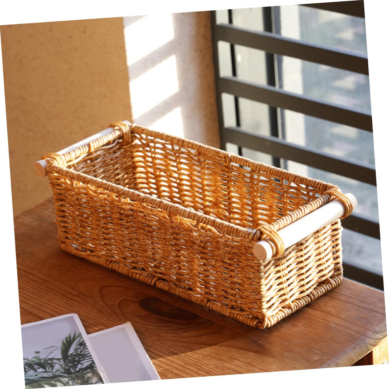 Woven Sundries Basket with Handle, Rectangular Storage Organizer