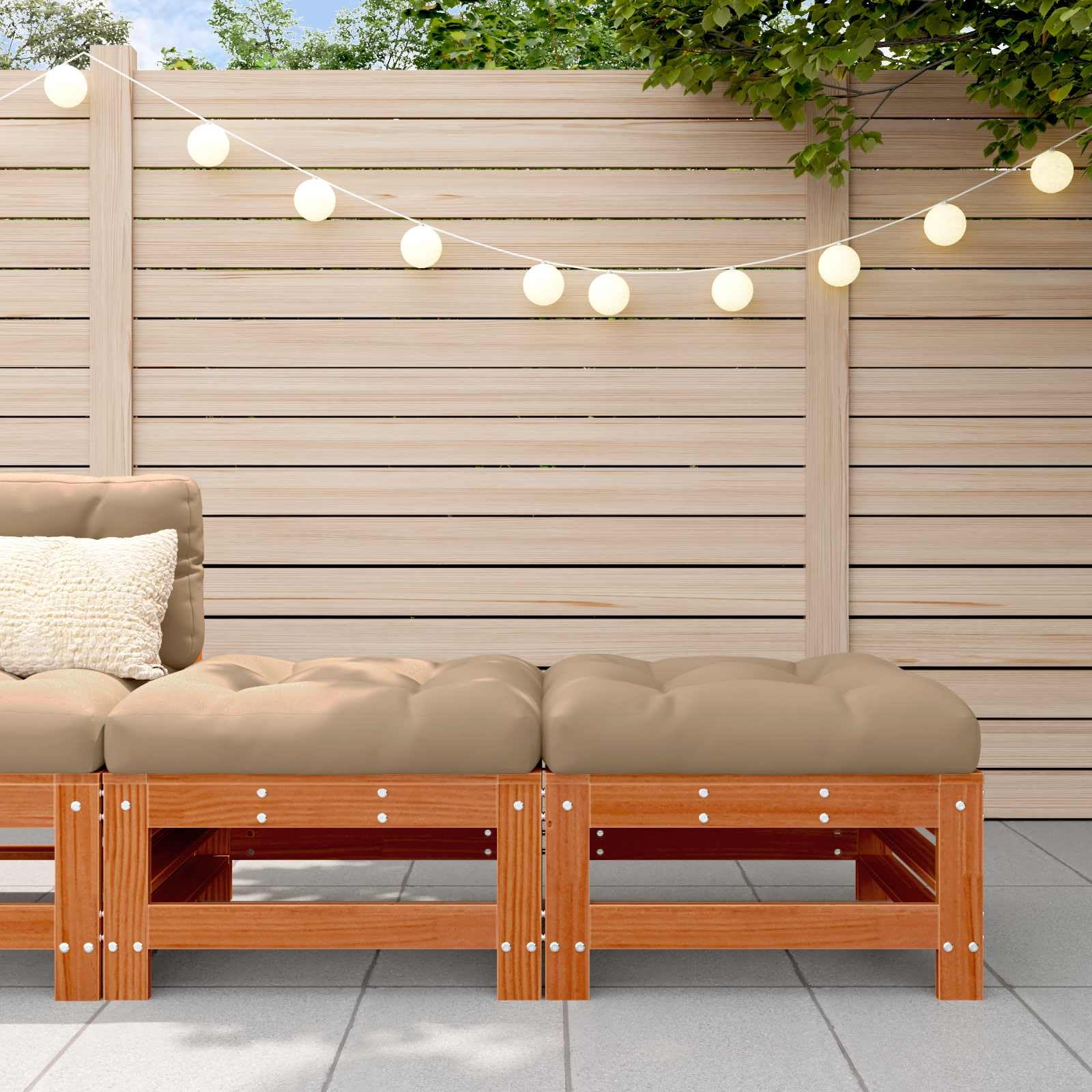 Reposapiés de jardín de madera maciza de pino, color marrón cera, con cojín, 57,5 x 57,5 x 30 cm, reposapiés modular para terraza, muebles de jardín, grupo de salón, versátil