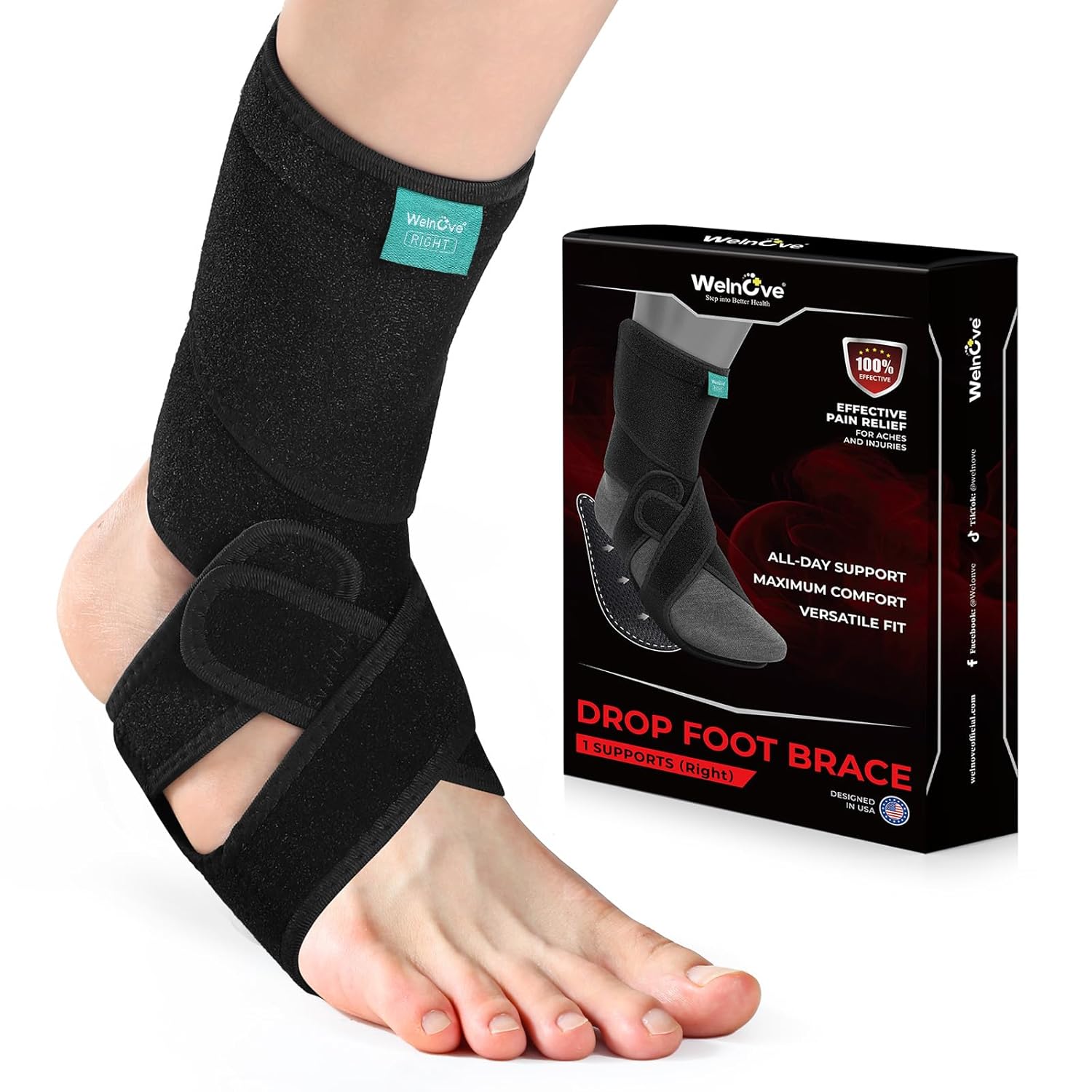 Welnove Foot Drop Brace with Arch Support – AFO Ankle Support for Walking to Aid Lower Limb Stability Due to Drop Foot, MS, TBI, Spinal Cord Injury, and Cerebral Palsy (Right)