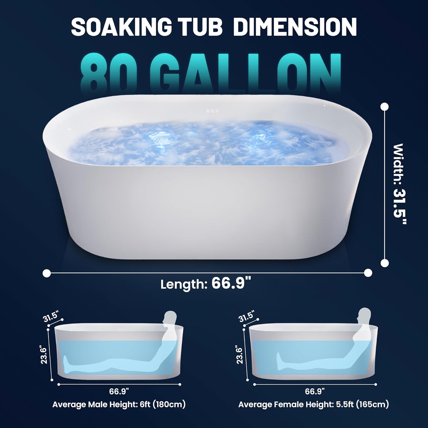 ANZZI 67" Freestanding Tub, Air Bubble Acrylic Freestanding Bathtub, White Acrylic + Fiberglass, Soaking Tub, Drain and Overflow, Light Up Control Pad (AMZ-FT-67)