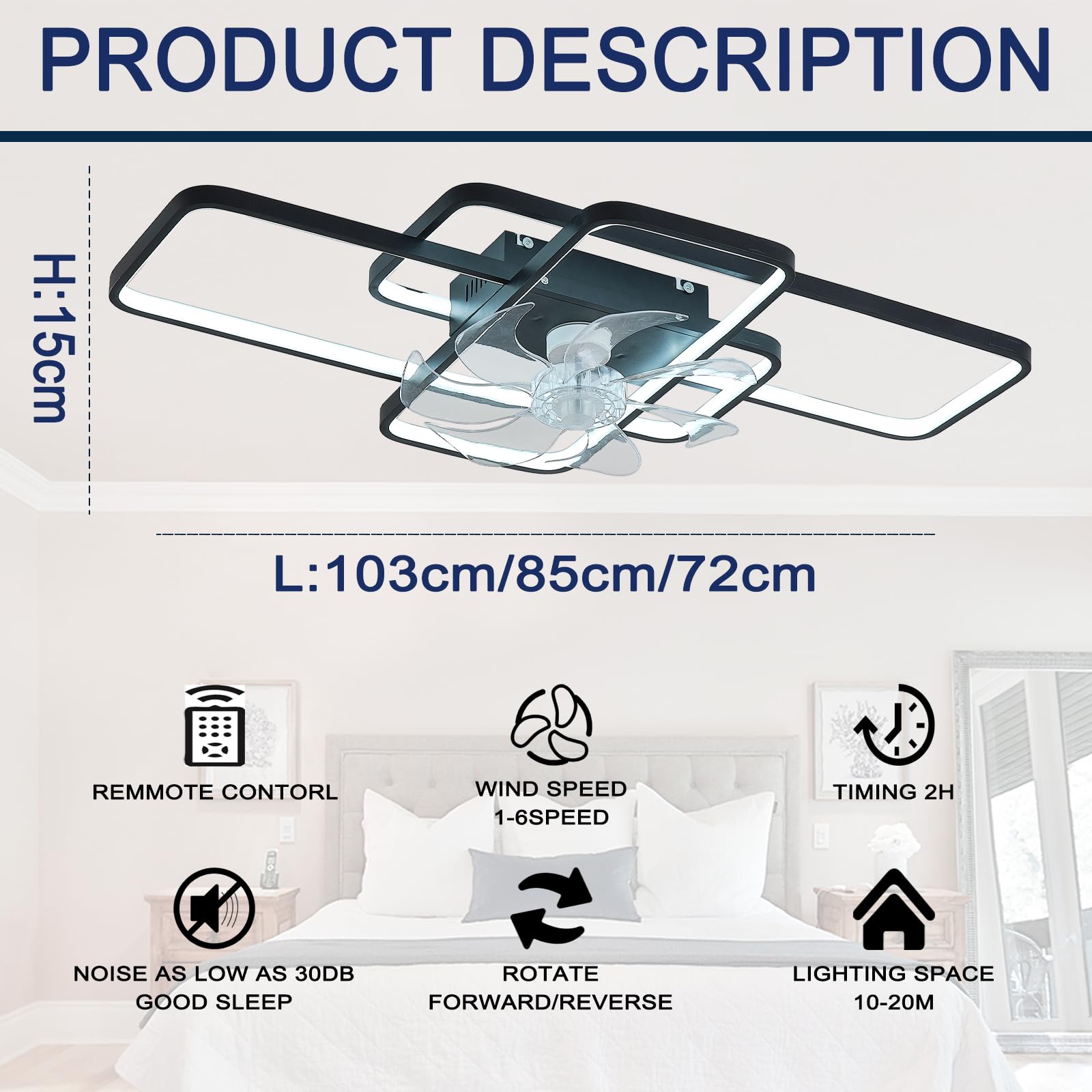 Prostokątna Lampa Sufitowa Z Wentylatorem Odwracalna Cicha Lampa Sufitowa Do Sypialni Z Wentylatorem Z Pilotem Ściemniacz APP Timer Salon Wentylator Sufitowy Z Oświetleniem Nowoczesny LED-Black||103cm
