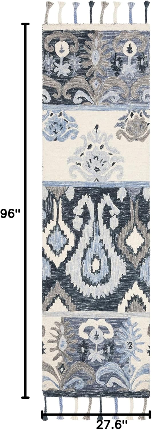 SAFAVIEH Suzani Collection 2'3" x 8' Blue/Ivory SZN208A Hand-Hooked Boho Premium Tassel Wool Runner Rug