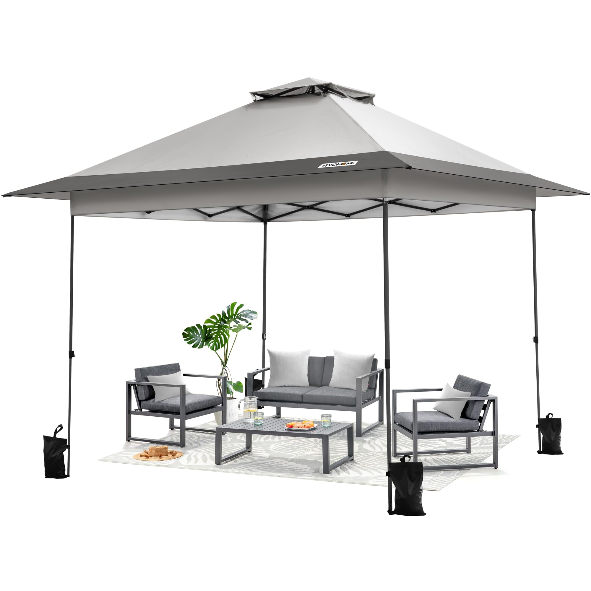 VIVOHOME Baldacchino Pop-up per Esterni, 3,8x3,8m Tetto a 2 Livelli con Borsa da Trasporto a Ruote e 4 Sacchetti di Sabbia Grigio