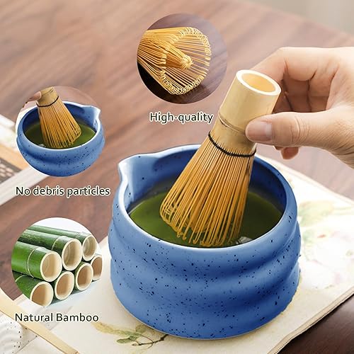 Miniatura 3 de cjc Juego de matcha: juego de batidor de matcha de 7 piezas, juego de matcha japonés con cuenco de cerámica, batidor de bambú y soporte, juego Azul