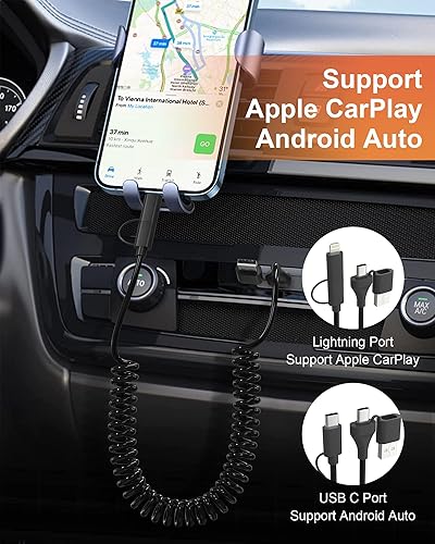 Miniatura 3 de Cable USB C y Lightning 2 en 1 en espiral de 60 W de carga rápida y sincronización de datos Apple CarPlay y Android Auto 4 en 1, cable de cargador