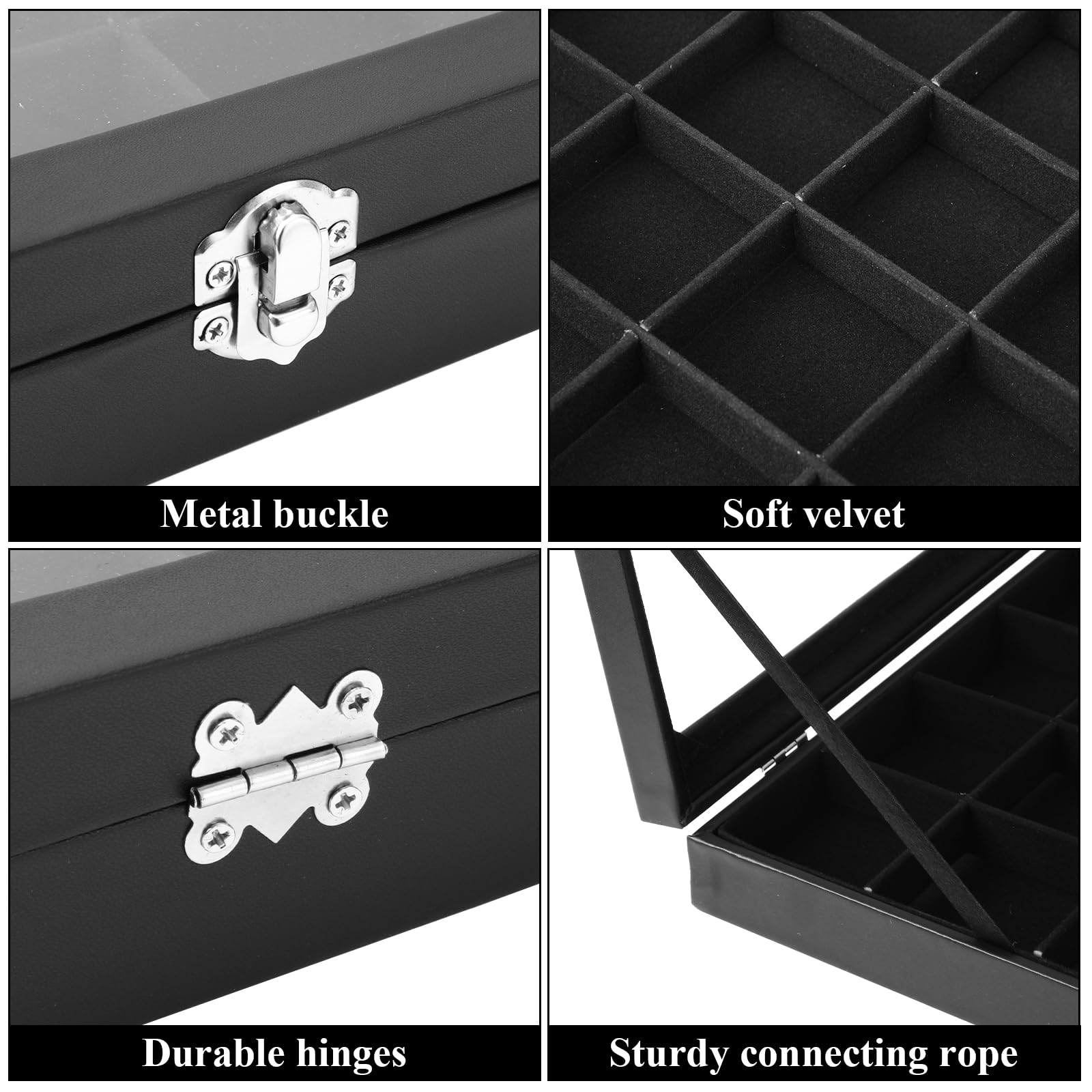 Acrux7 Paquete de 2 vitrinas de la colección Rock, vitrina de 24 rejillas de roca, caja de colección de rocas de piel sintética negra con tapa de vidrio transparente y rejillas de terciopelo suave