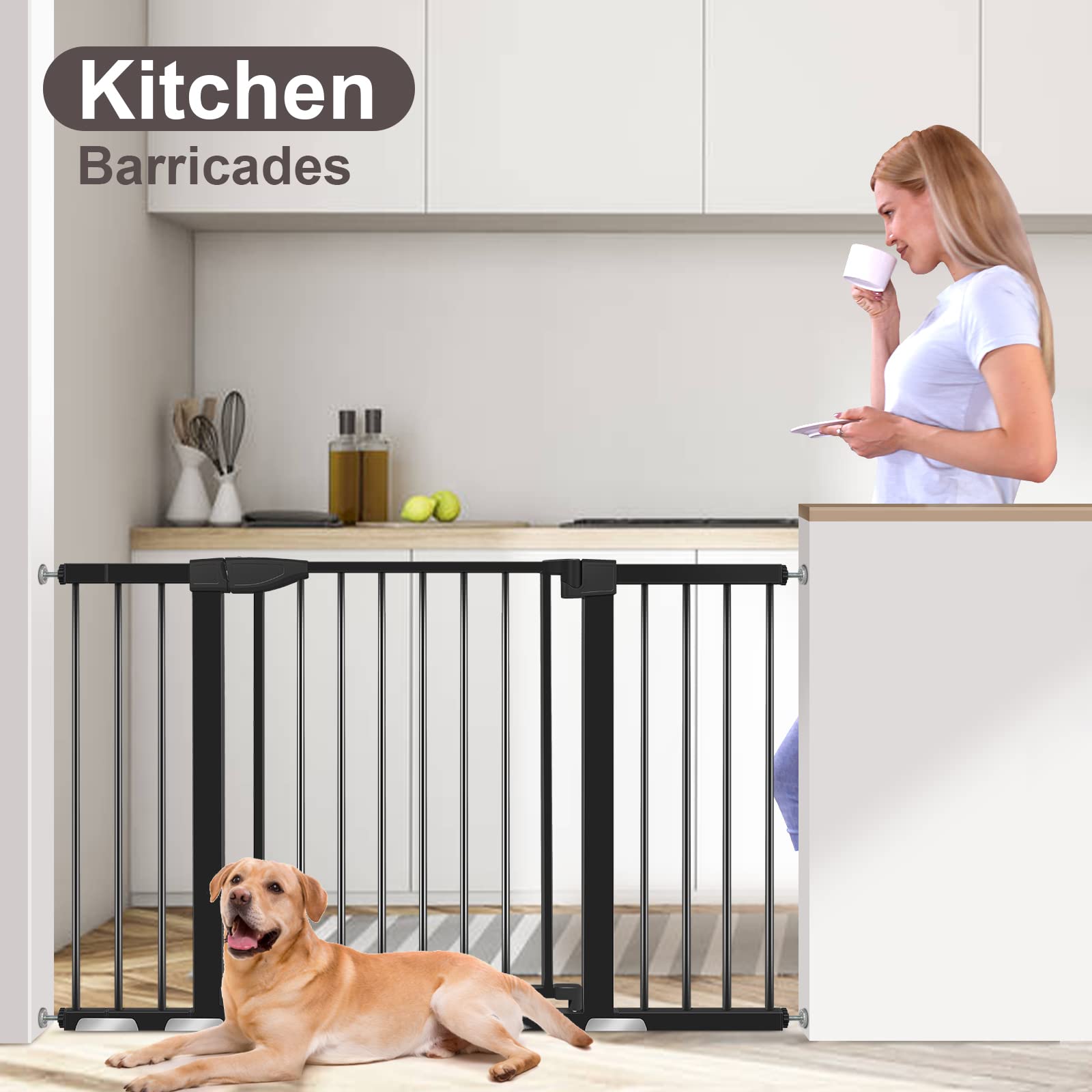 Yacul Baby Gate with Door, 29.93"-51.5" Extra Wide Pressure Mounted Dog Gates for Doorway Stairs, Wide Walk Thru Openings 23.6", Height 30", Black