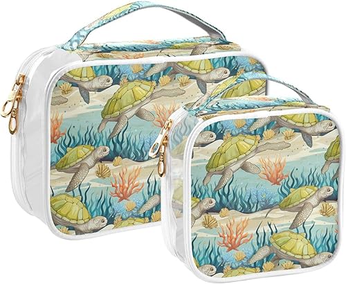 Sea Turtles Starfish Seaweed Tropical Clear Toiletry Bag for Traveling,2 Pack Makeup Cosmetic Bag with Zipper,Travel Bag for Toiletries,Travel