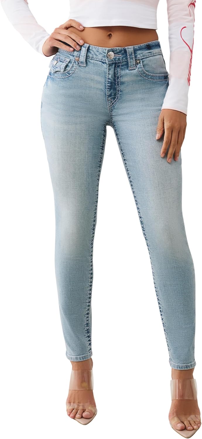 True Religion Jennie Mid Rise Skinny Flap Big T Jeans | Denim, Horseshoe Back Pockets & Silver Hardware